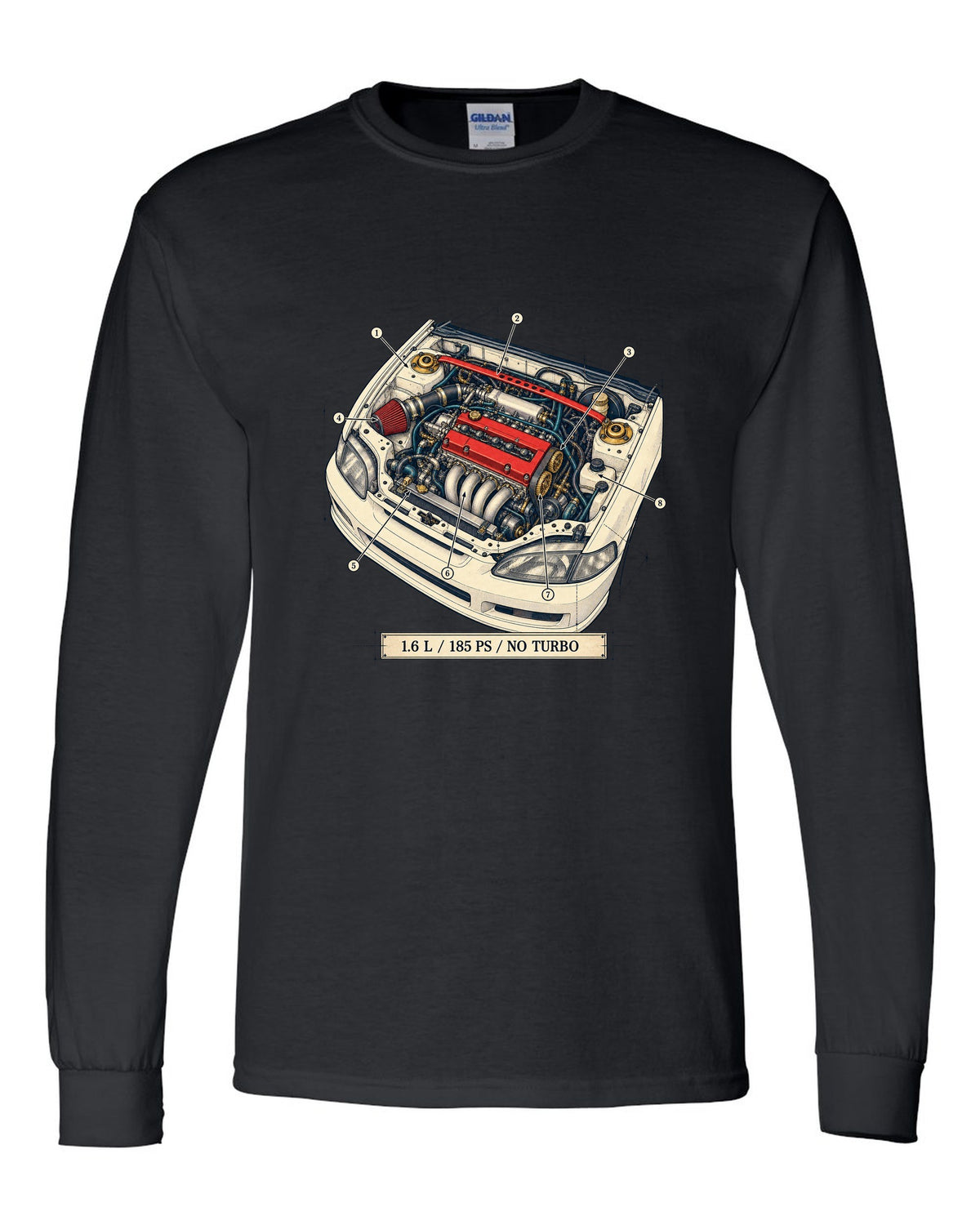 Patent drawing line art of the Honda Civic Type R EK9 with B16B spec text black long sleeve front view with the design