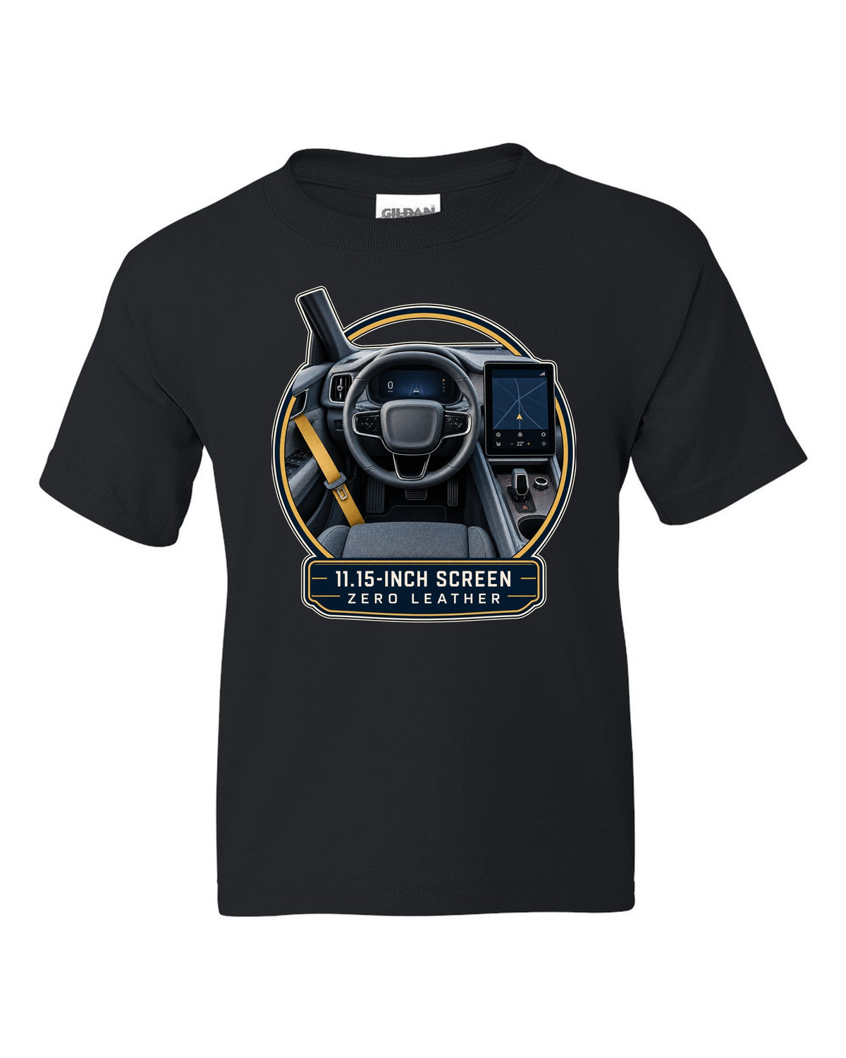 Polestar 2 cockpit with large centre screen, print design black kids tee front view with the design