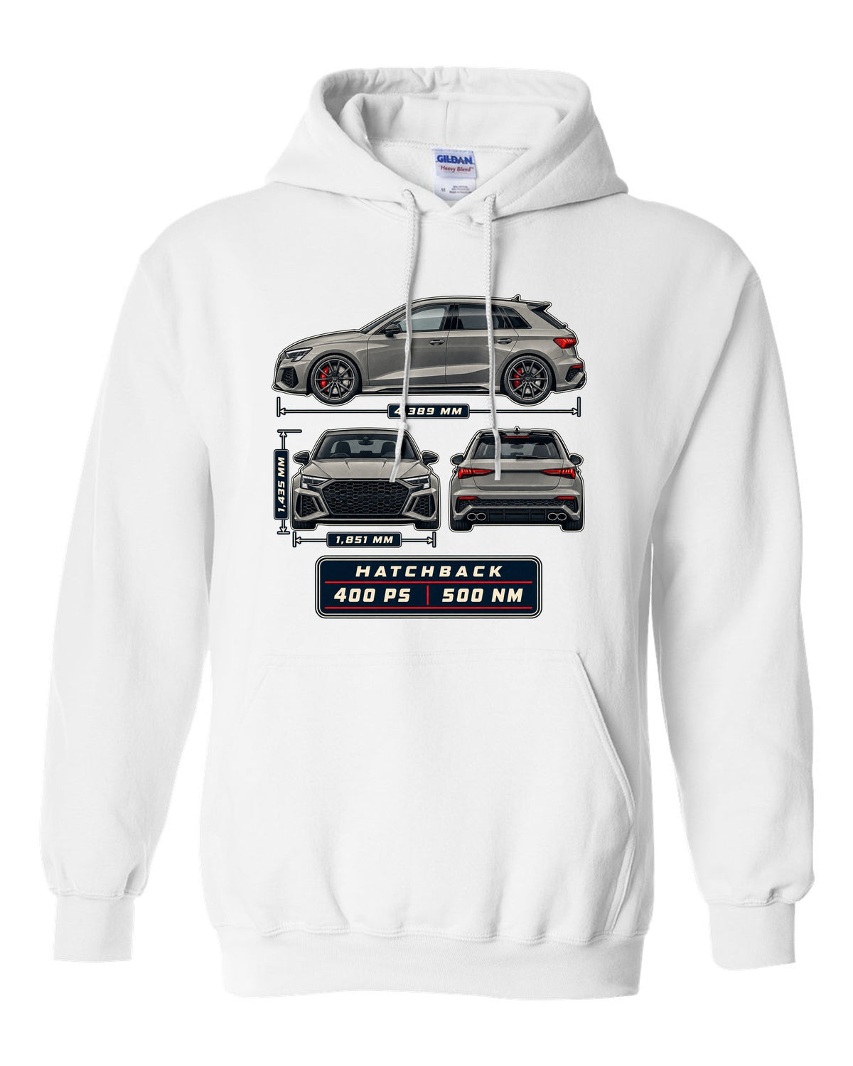 Three-view drawing and spec table of the Audi RS3 8Y Sportback white pull over hoodie front view with the design