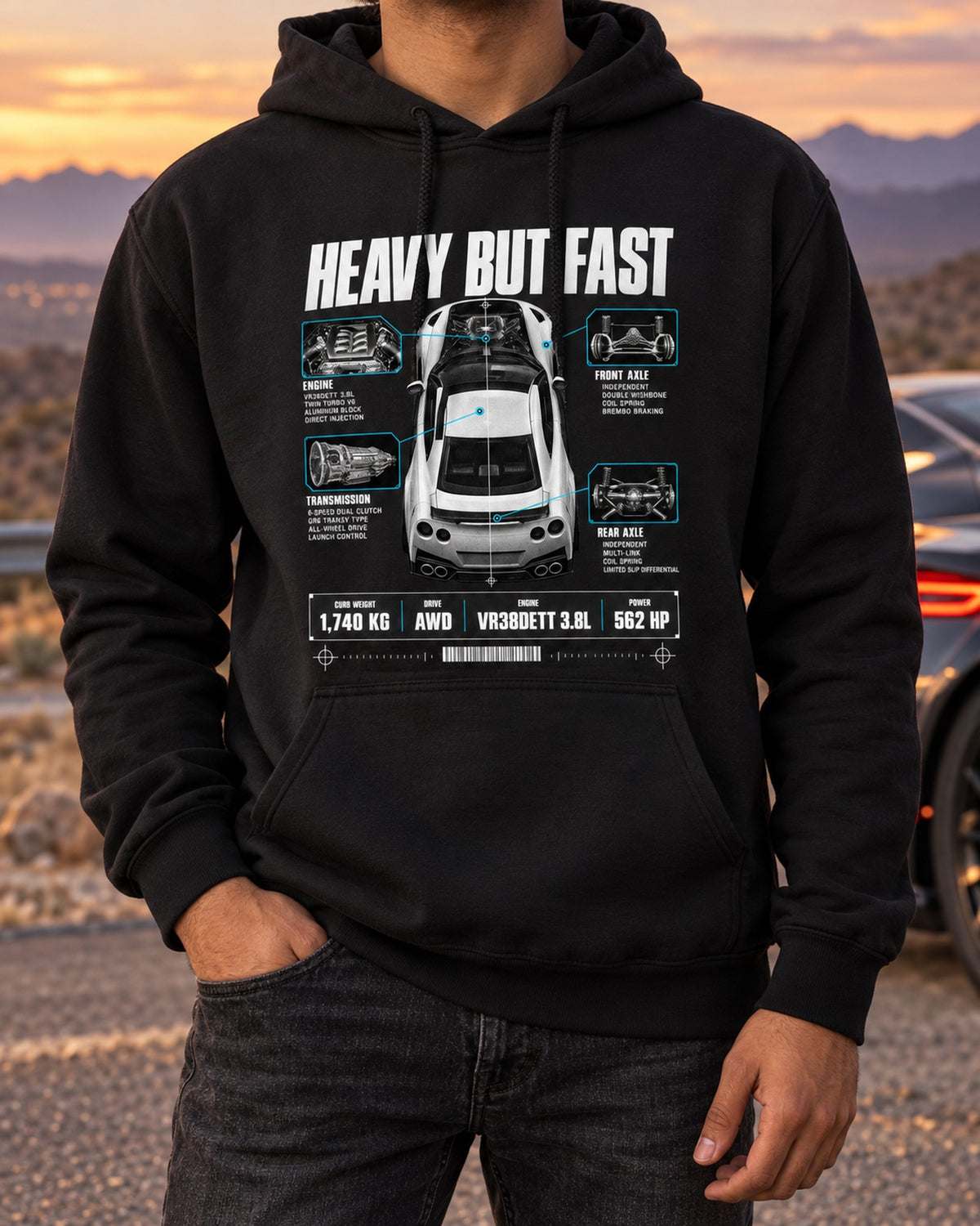 Nissan GT-R R35 Heavy But Fast Spec Poster Tee, VR38DETT Pull Over Hoodie Black worn hero