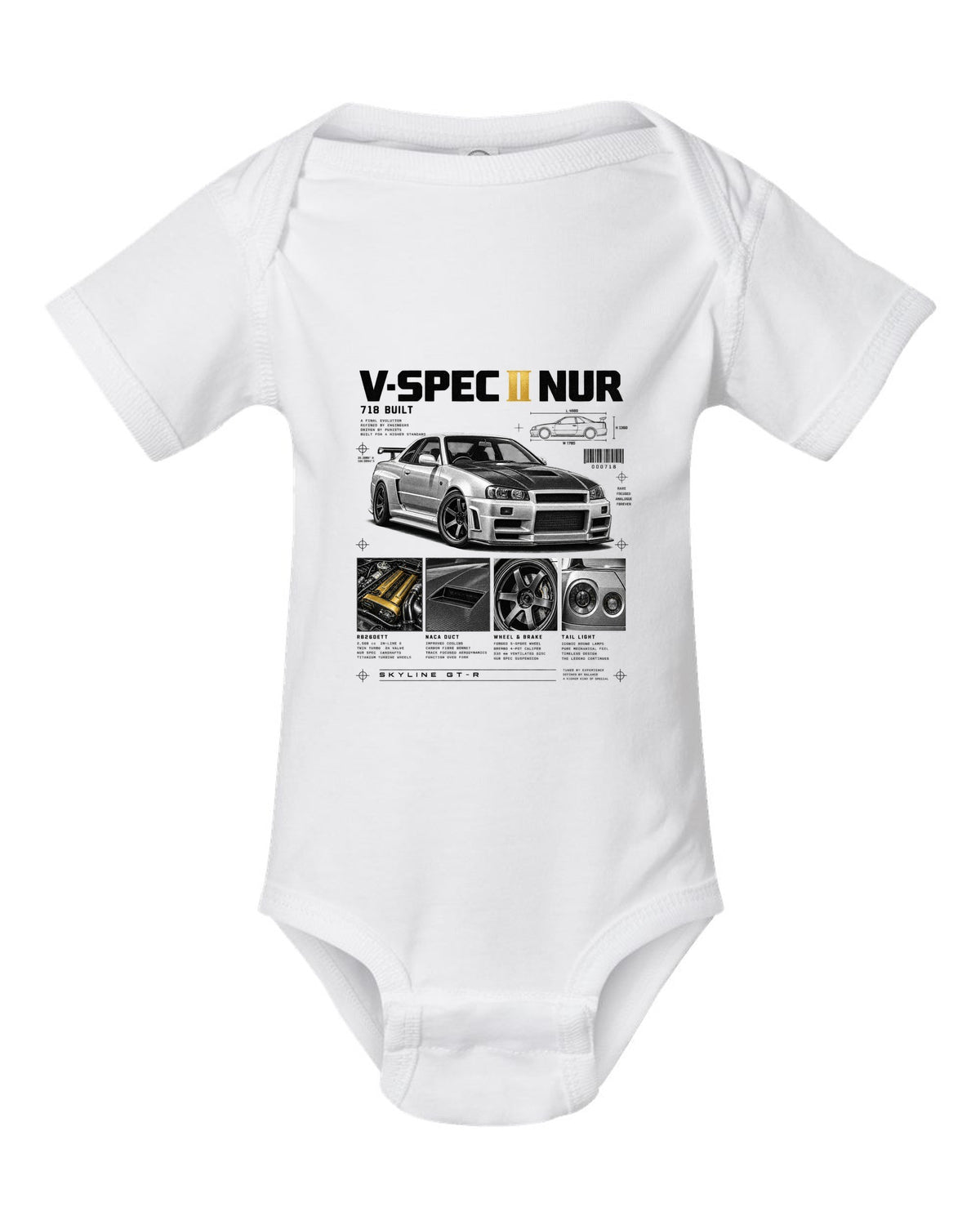 Dossier panels of a Nissan Skyline GT-R R34 V-Spec II Nur with 718 built and gold cam covers lettering white baby onesie front view with the design