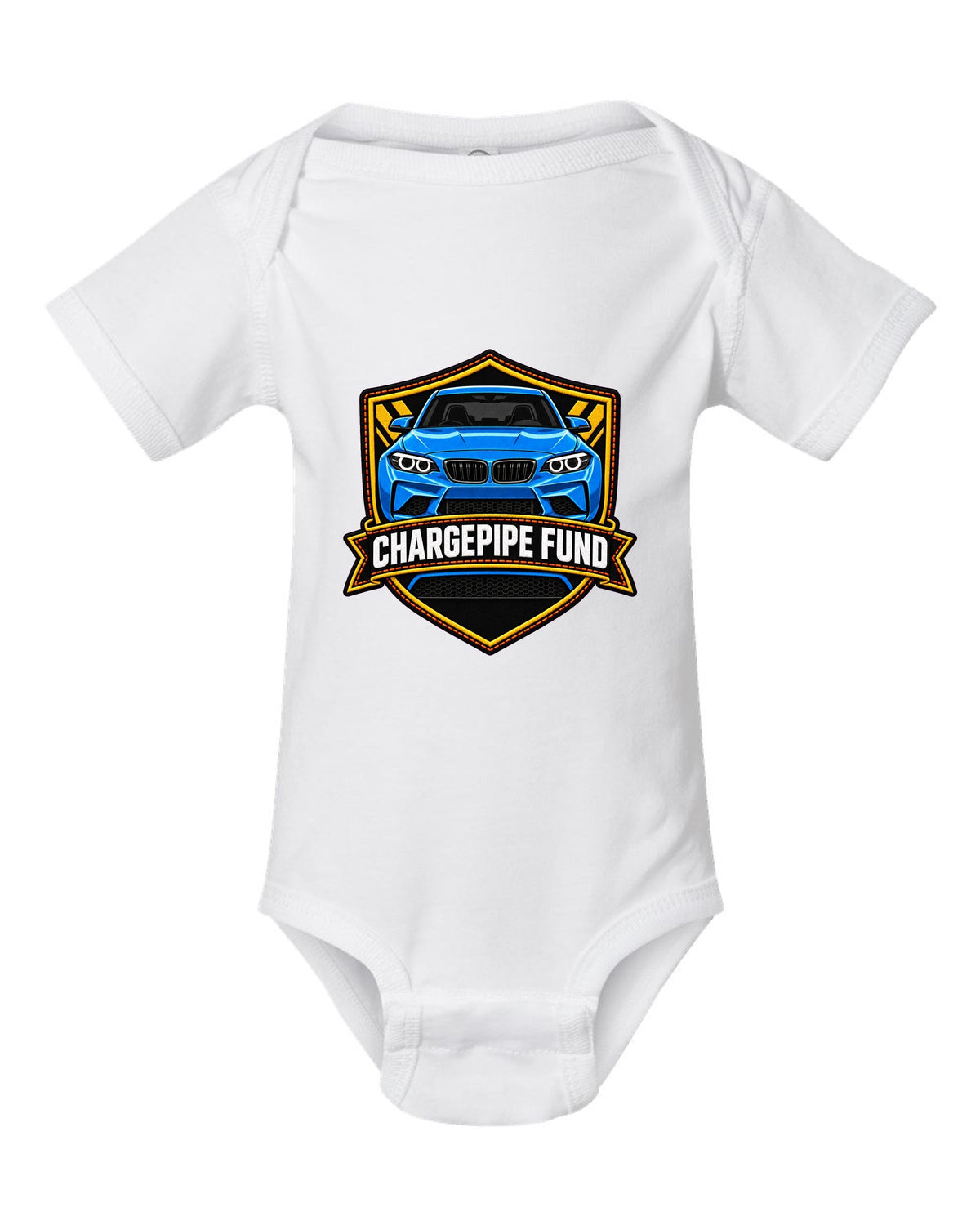 Linocut woodcut-style print of a BMW M2 G87 brake duct with 453 HP text white baby onesie front view with the design