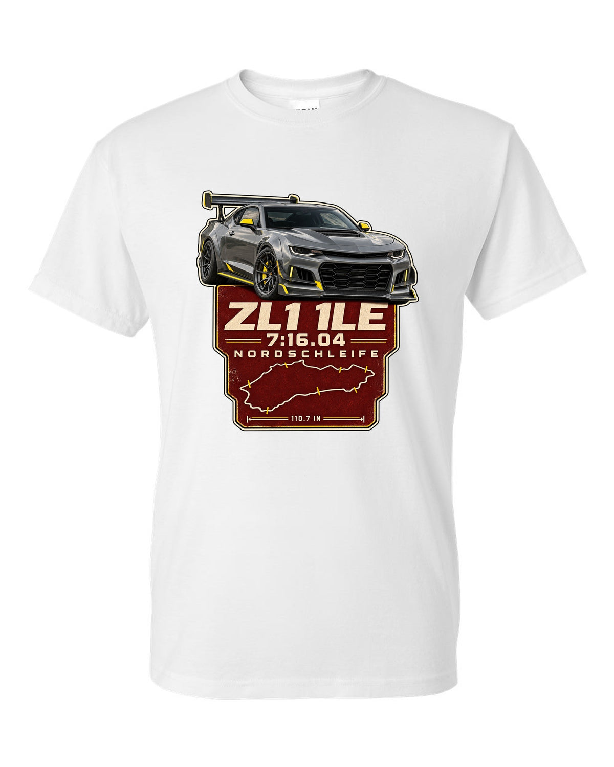 Lap time poster print of a Chevrolet Camaro ZL1 1LE white t-shirt front view with the design