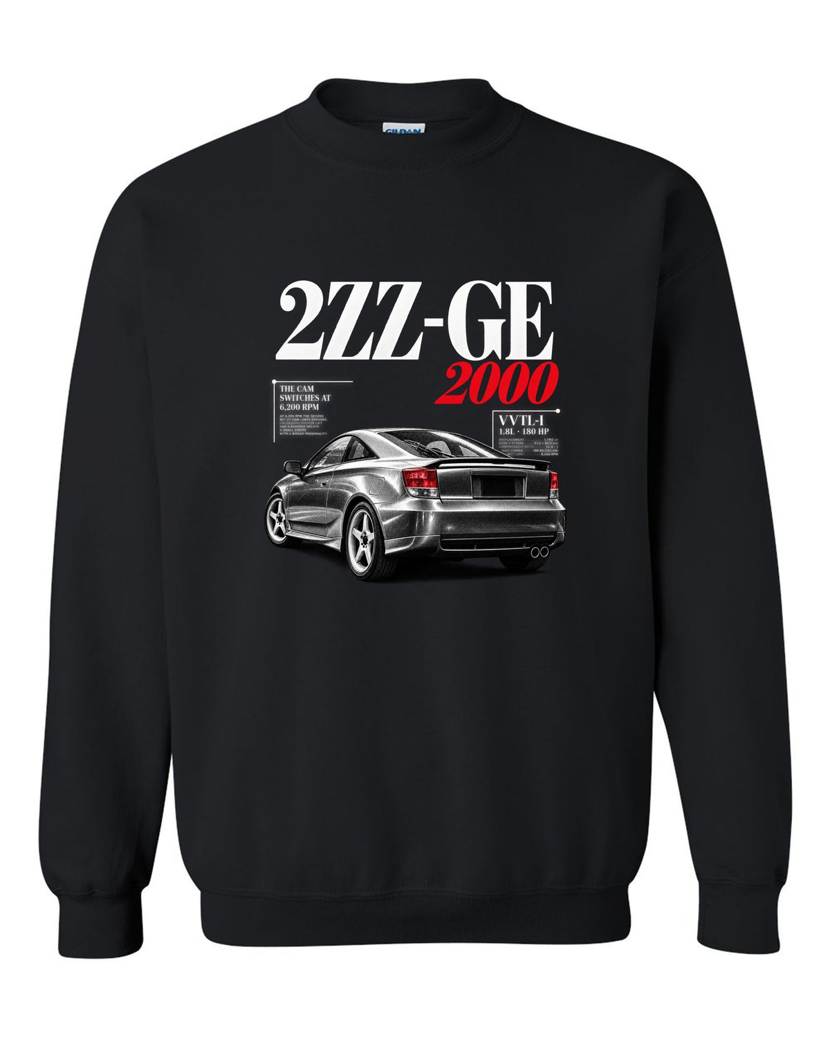 Editorial headline print of a Toyota Celica ZZT231 with 2ZZ-GE cam switches at 6,200 rpm black crewneck front view with the design