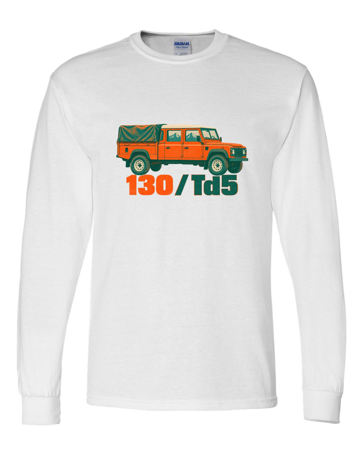 Risograph two-colour print of a Land Rover Defender 130 crew cab with 130 Td5 text white long sleeve front view with the design