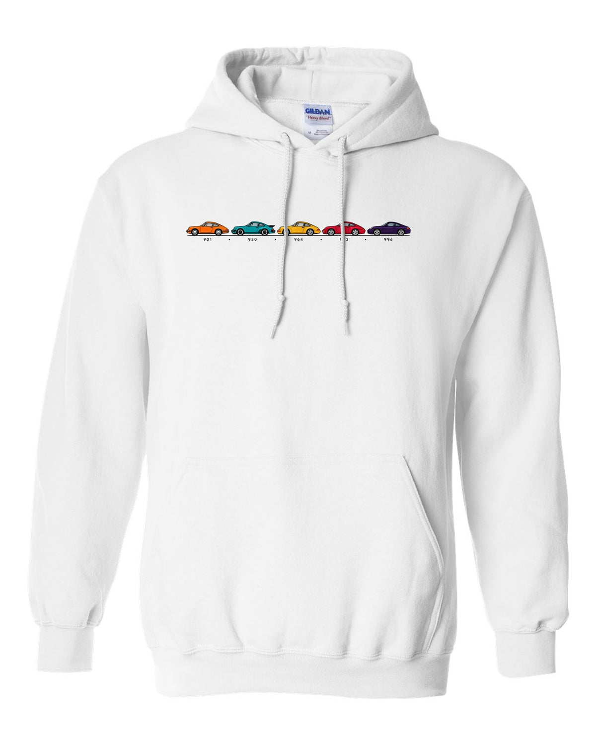 Retro Japanese showa advert style illustration of a 1955 Porsche 356 A Speedster white pull over hoodie front view with the design