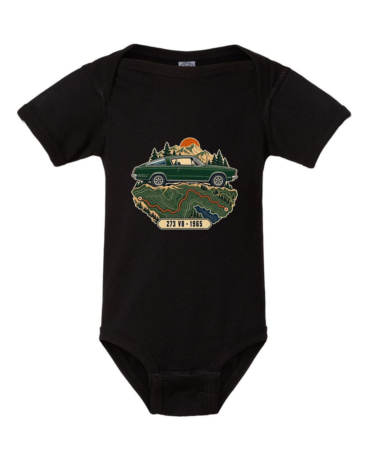 Topographic route map design with a 1965 Plymouth Barracuda fastback and 273 V8 lettering black baby onesie front view with the design
