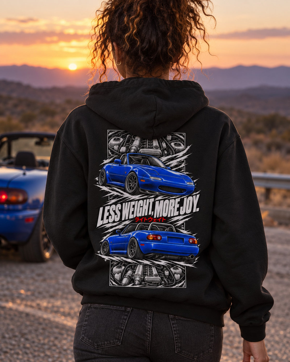 Mazda MX-5 Miata Na Torn Poster Full-Back Graphic Tee Pull Over Hoodie Black worn hero