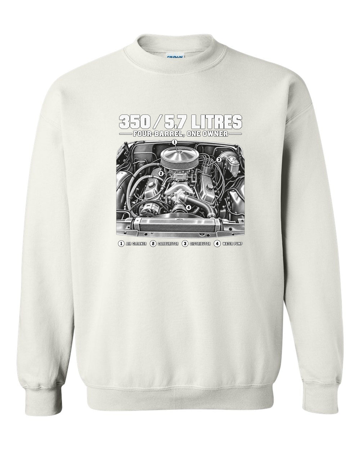 Squarebody C10 350 small block engine diagram with callouts, print white crewneck front view with the design