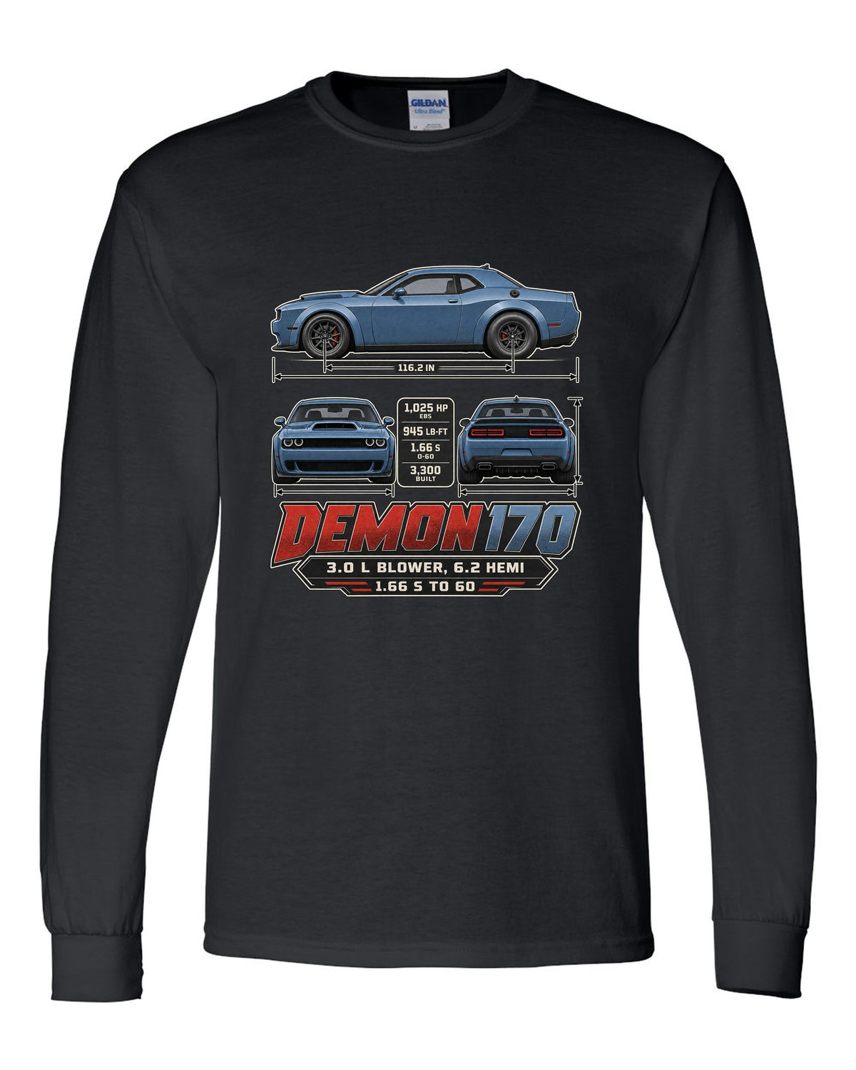 Dodge Challenger SRT Demon 170 dimension blueprint print black long sleeve front view with the design