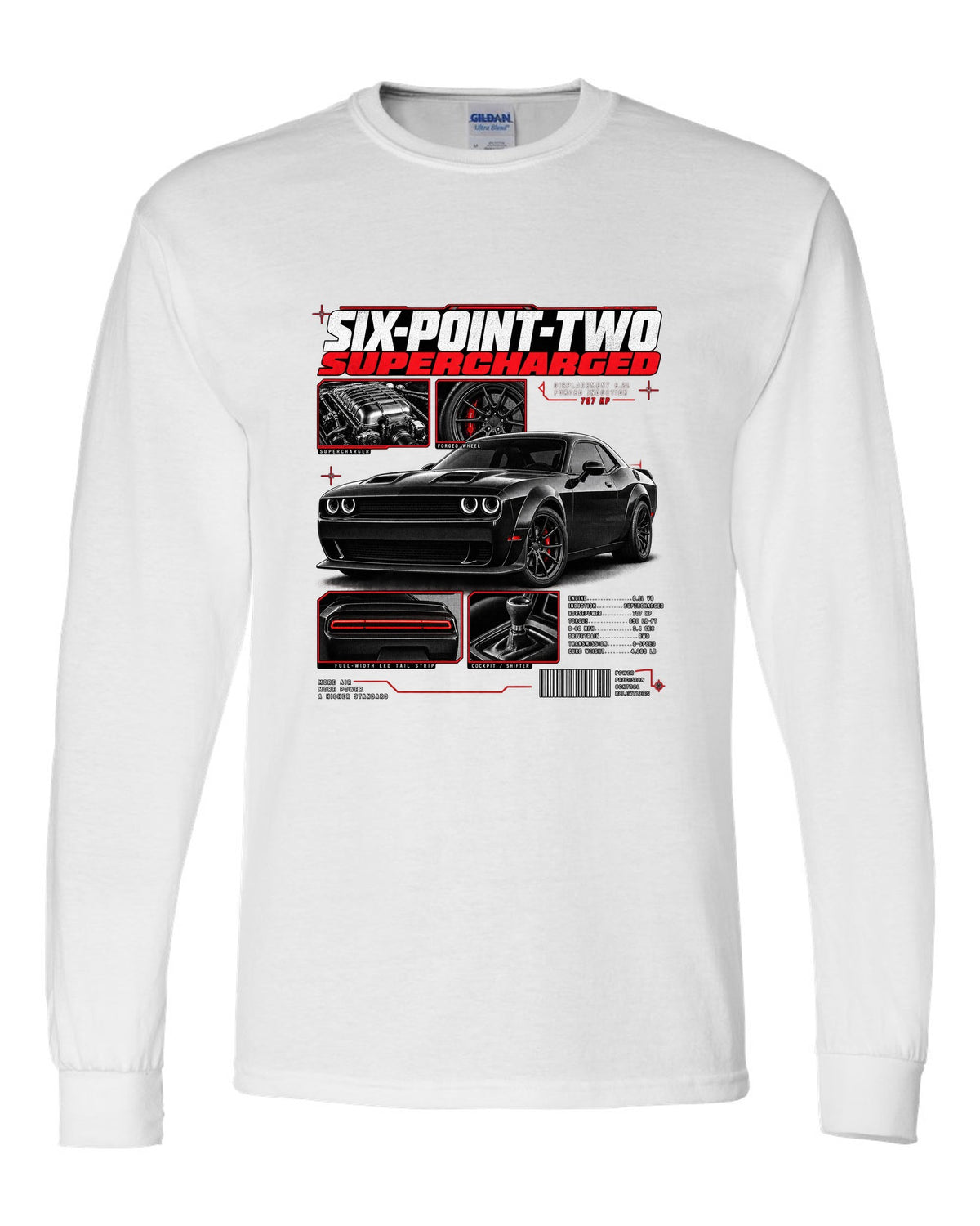 Dossier panel print of a 2018 Dodge Challenger LC/LA with 6.2 supercharged and 707 HP text white long sleeve front view with the design