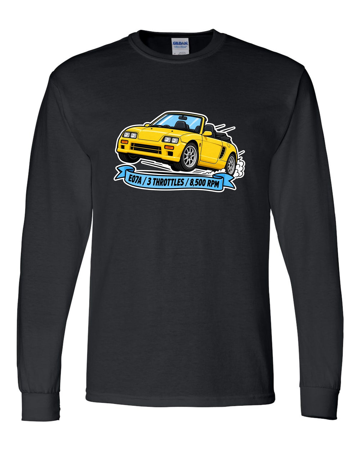 Sticker-style illustration of a Honda Beat PP1 with E07A engine and 8,500 rpm lettering black long sleeve front view with the design