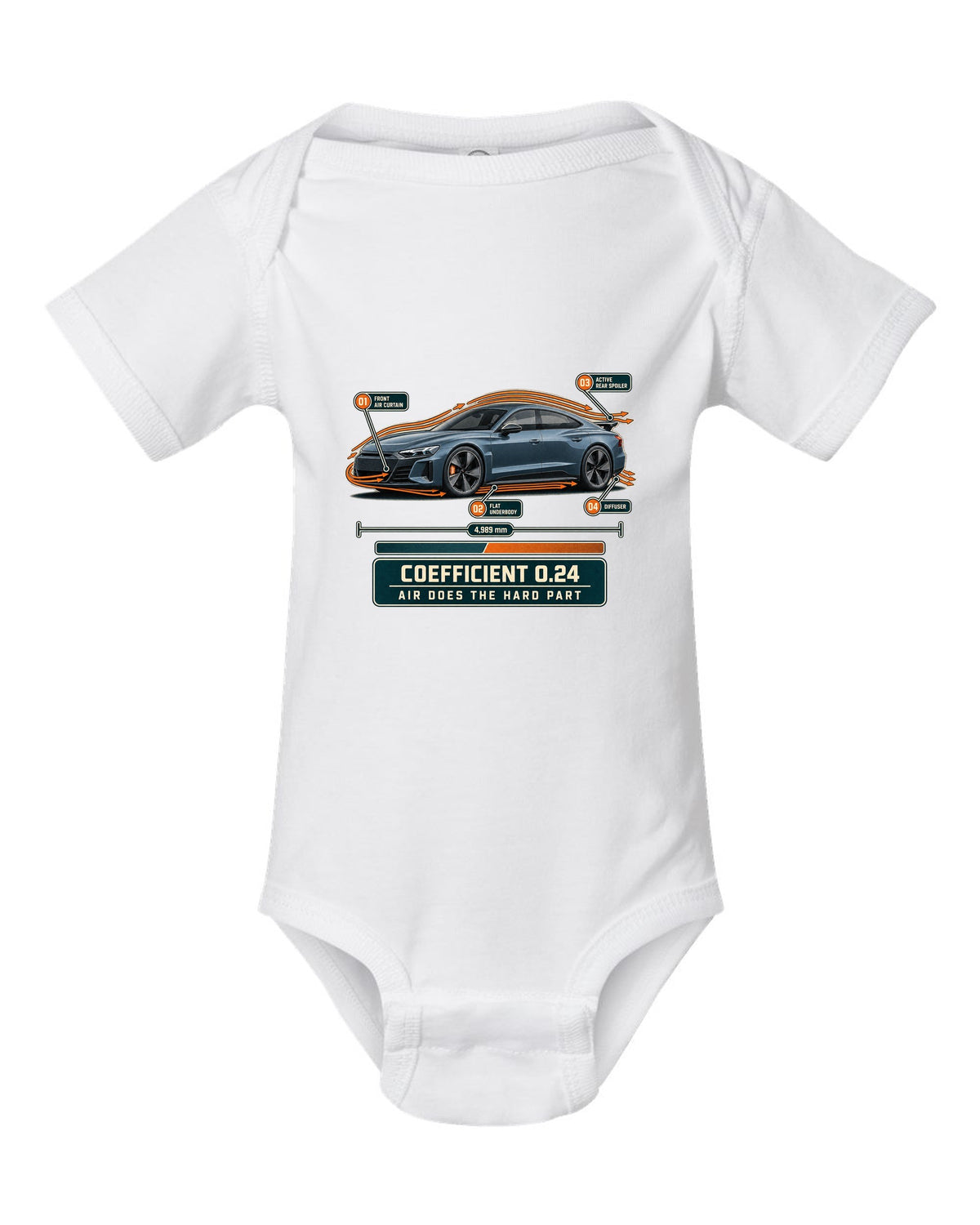 Audi RS e-tron GT aero callouts with airflow diagram print design white baby onesie front view with the design