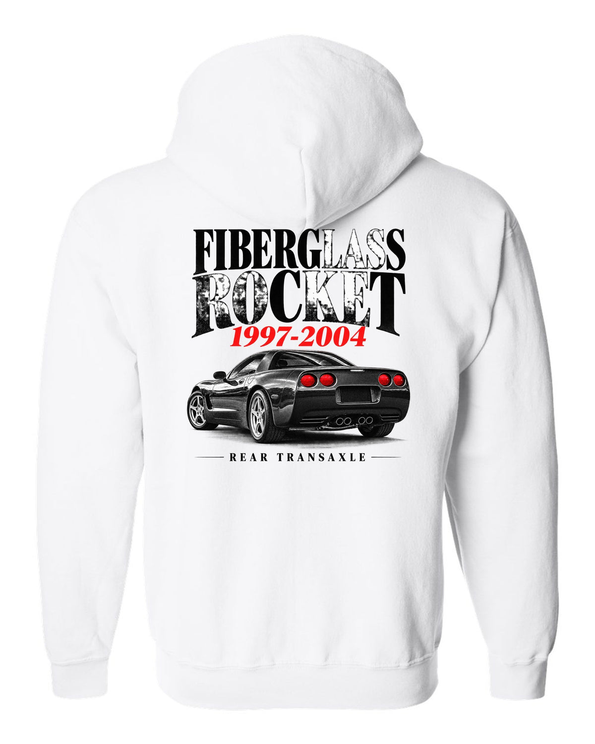 Corvette C5 coupe editorial headline print with rear transaxle text white zip hoodie back view with the design