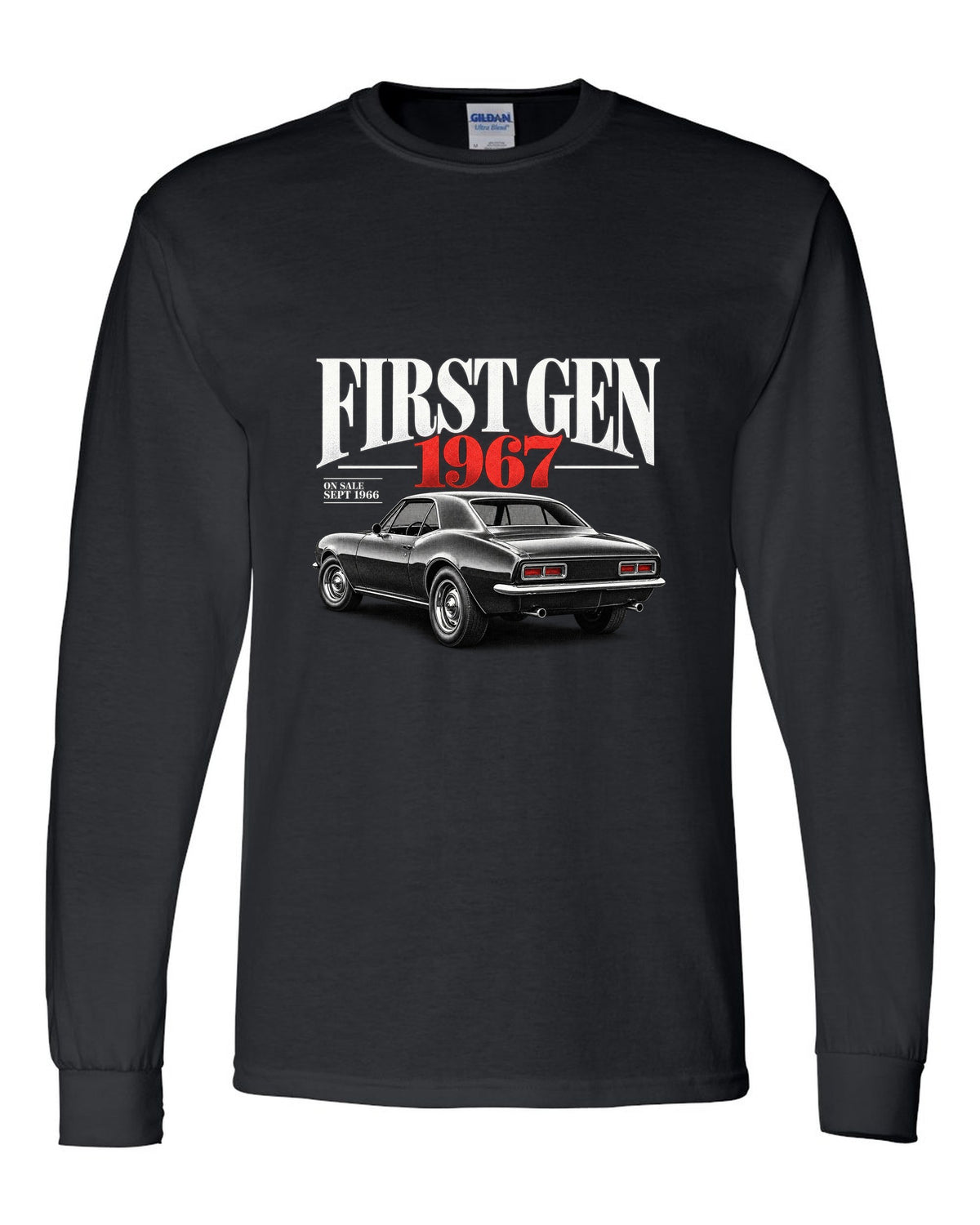 Editorial headline print of a 1967 first-gen Chevrolet Camaro with September 1966 on-sale date black long sleeve front view with the design