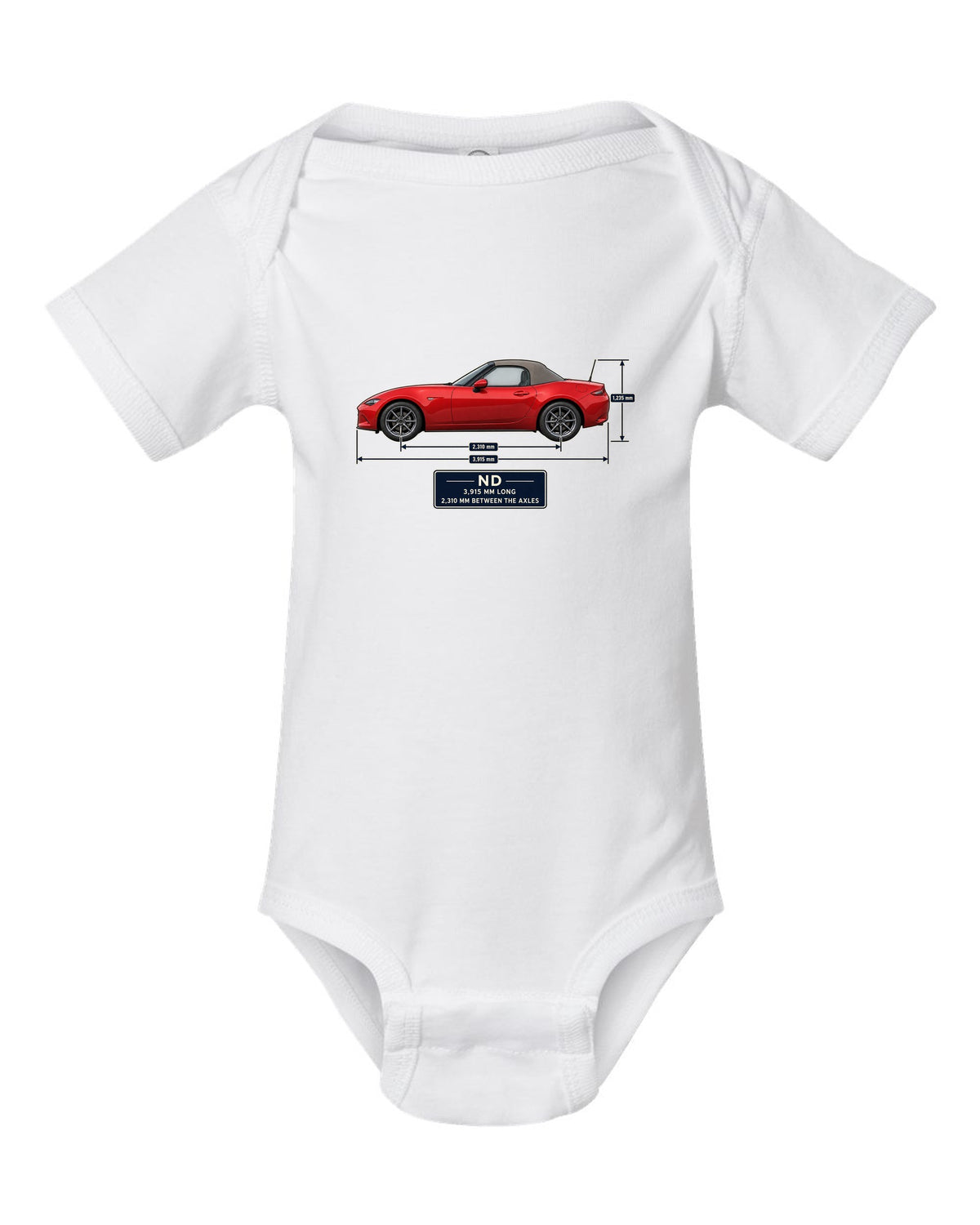 Blueprint-style dimension drawing of a 2016 Mazda MX-5 ND1 soft top in Soul Red white baby onesie front view with the design