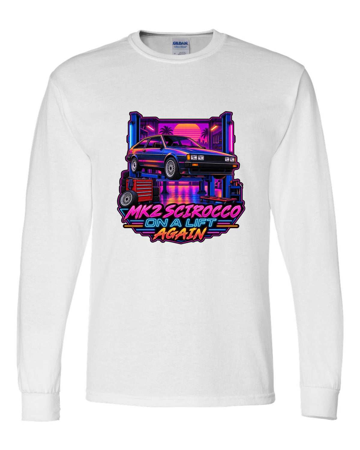 Synthwave outrun style VW Scirocco Mk2 with Mk2 Scirocco on a lift again text white long sleeve front view with the design