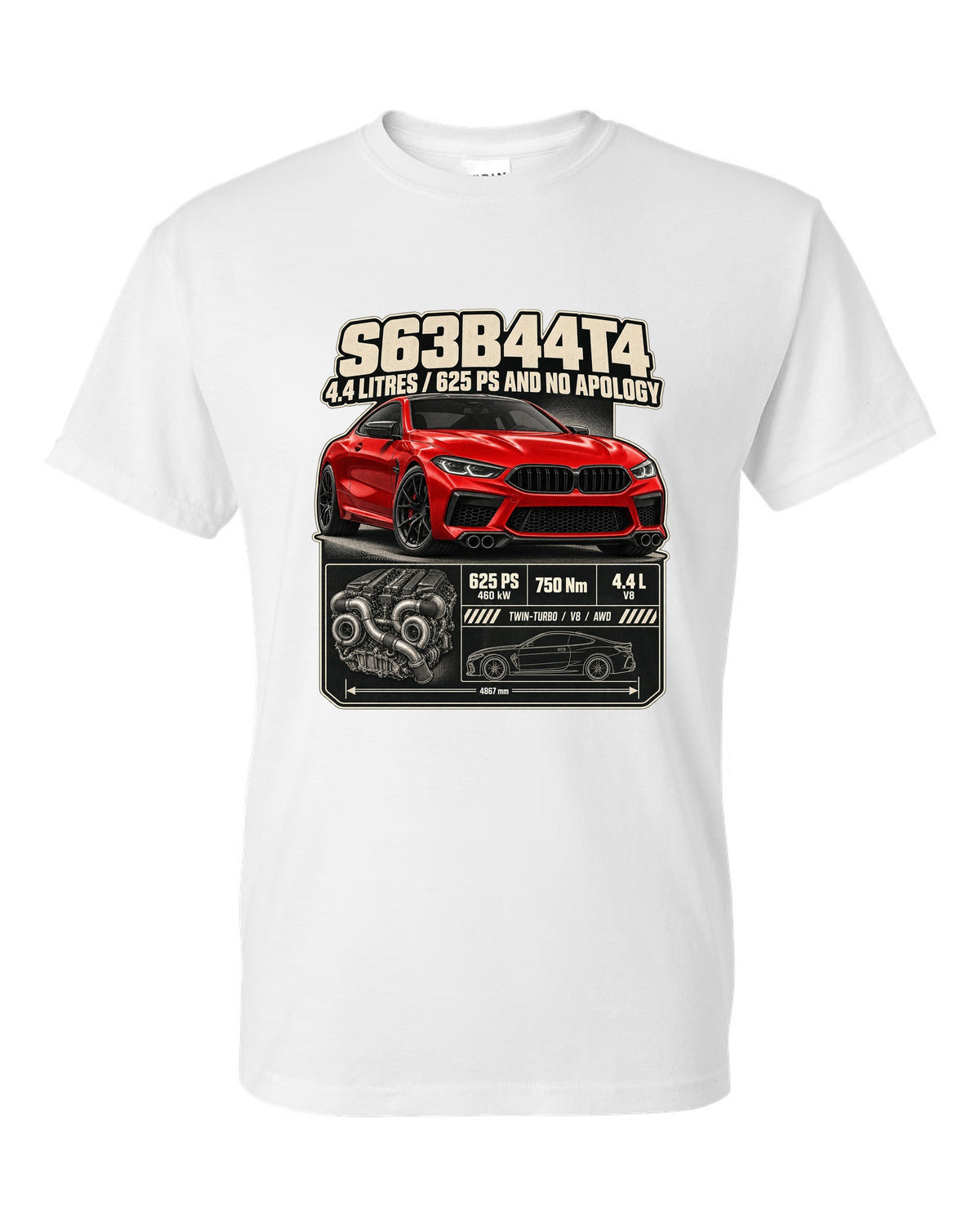 BMW M8 Competition Coupe F92 spec poster print on a tee white t-shirt front view with the design