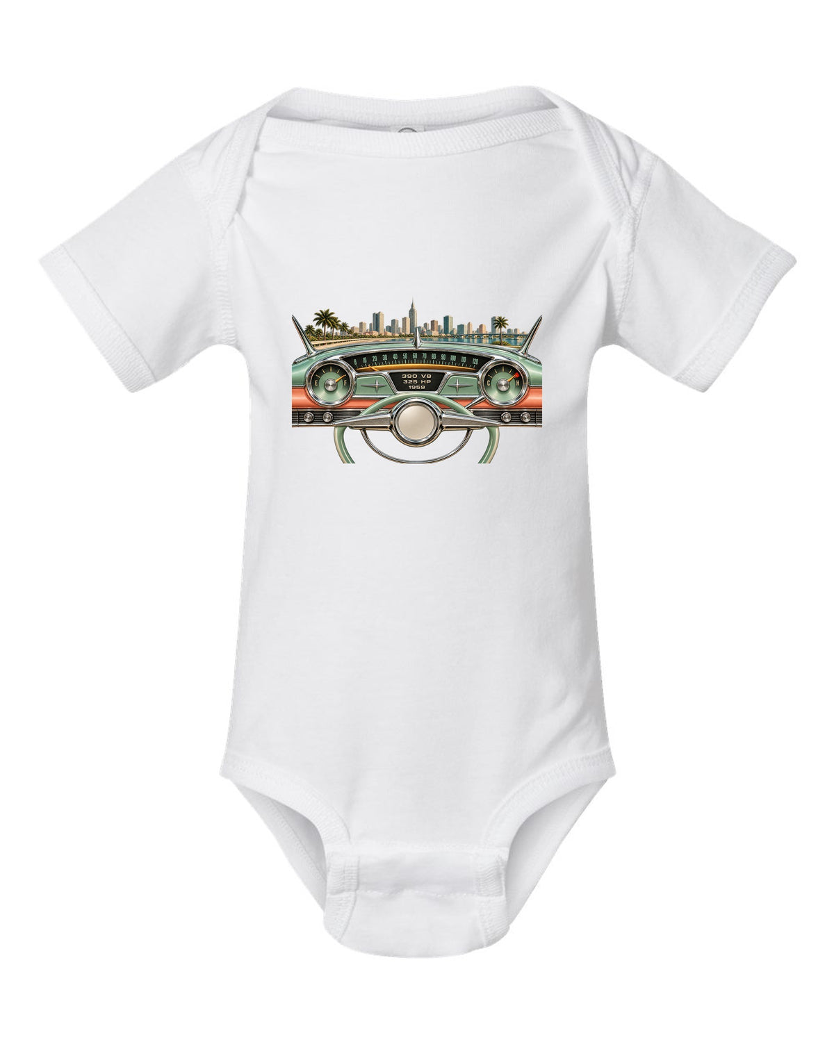 1959 Cadillac Series 62 dashboard instrument cluster HUD graphic with 390 V8 text white baby onesie front view with the design