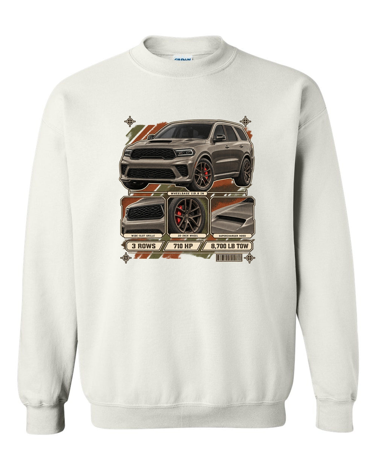 print of a 2021 Dodge Durango SRT Hellcat with spec dossier panels white crewneck front view with the design