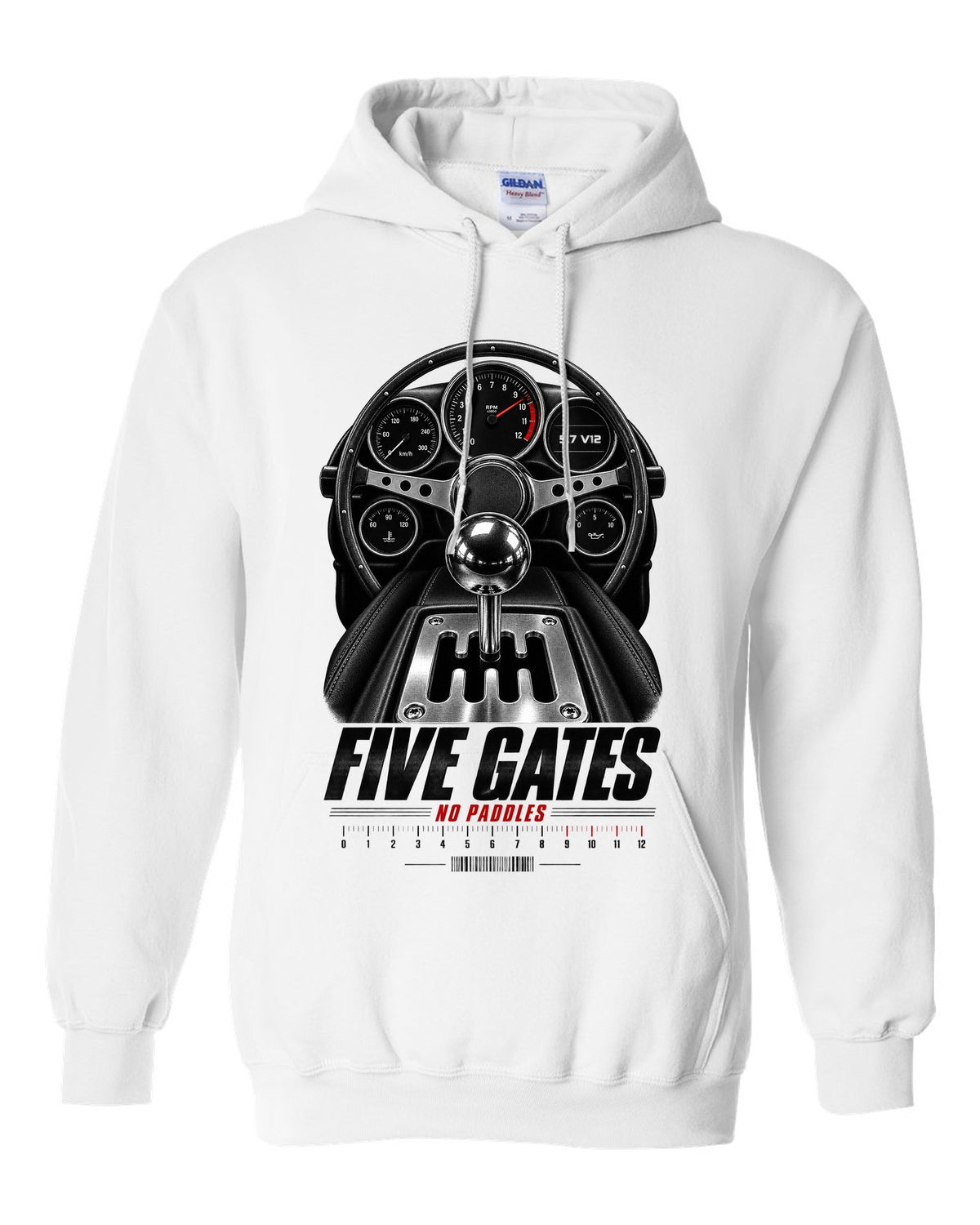 print of a Lamborghini Diablo cockpit with gated five-speed shifter and 5.7 V12 text white pull over hoodie front view with the design