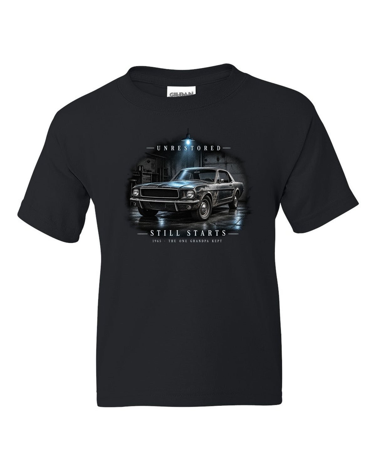 Garage night illustration of a white 1965 Ford Mustang coupe with unrestored still starts lettering black kids tee front view with the design