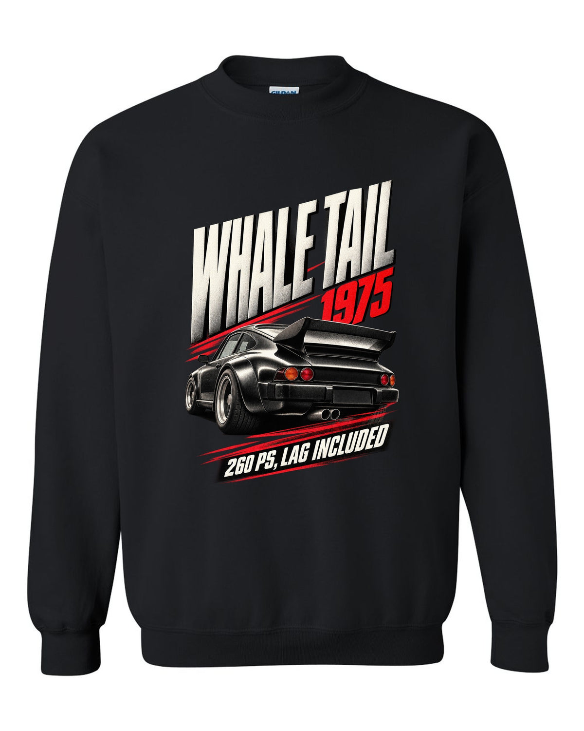Race poster print of the 1975 Porsche 911 Turbo 3.0 (930) with whale tail and 260 PS text black crewneck front view with the design