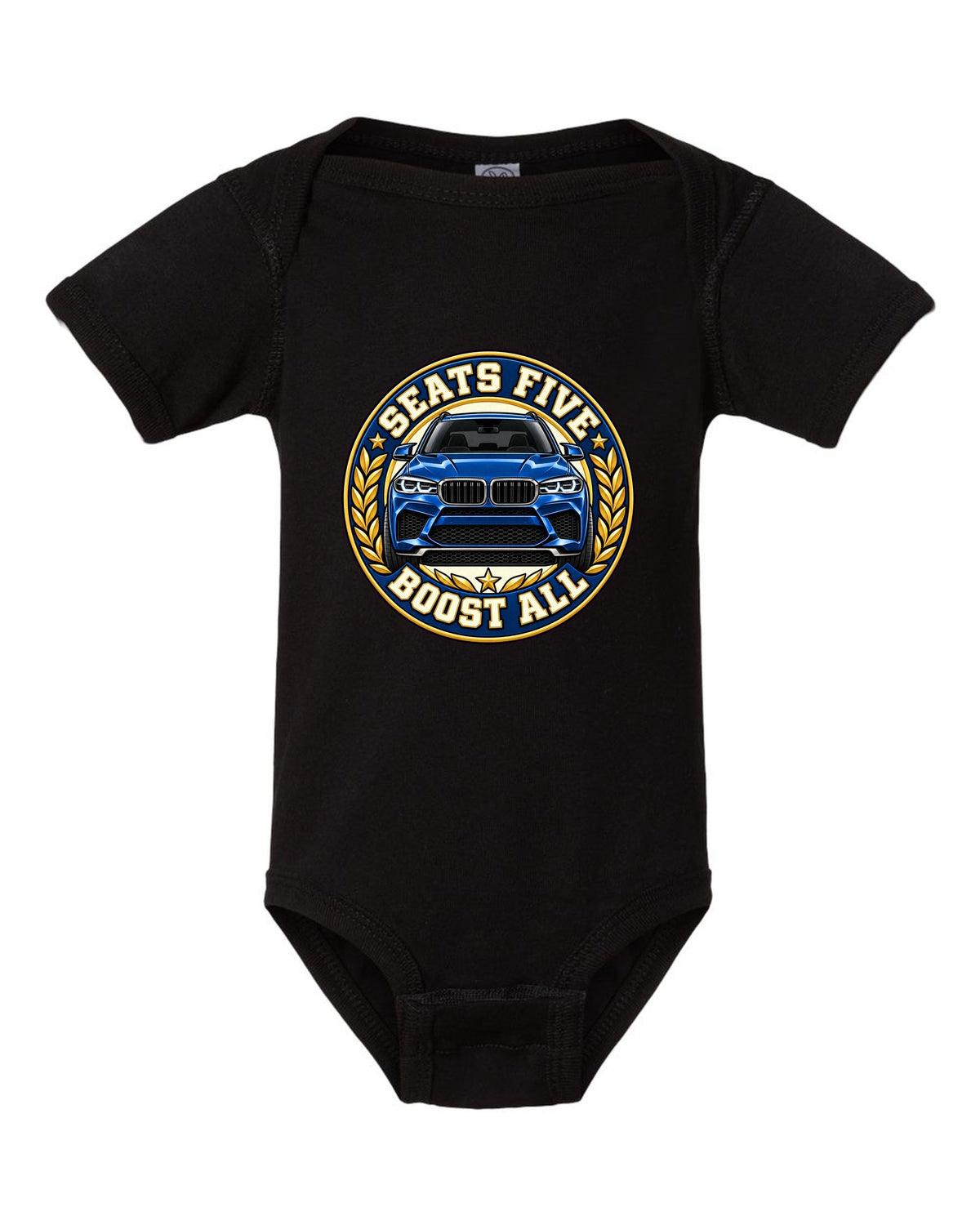 Embroidery-style varsity crest print for the BMW X5 M F85 black baby onesie front view with the design