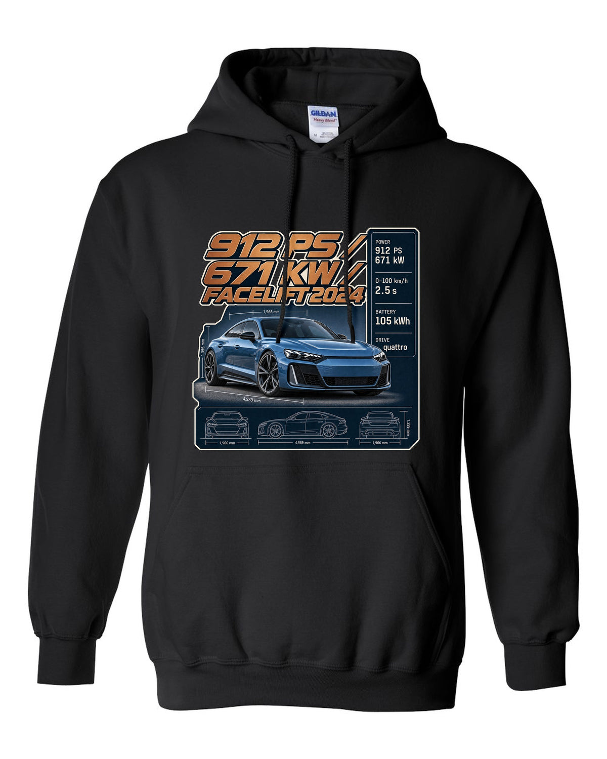 Audi RS e-tron GT performance facelift spec poster print design black pull over hoodie front view with the design