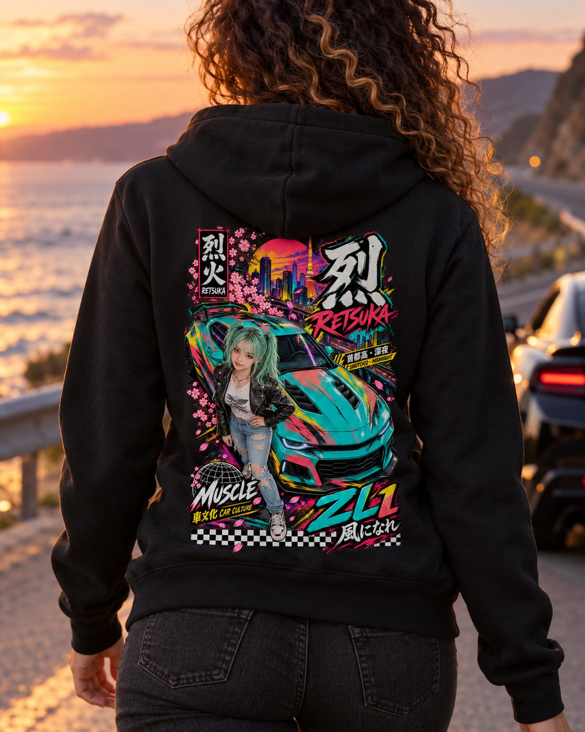 RETSUKA ZL1 Anime Girl Full-Back Graphic Tee Zip Hoodie Black worn hero