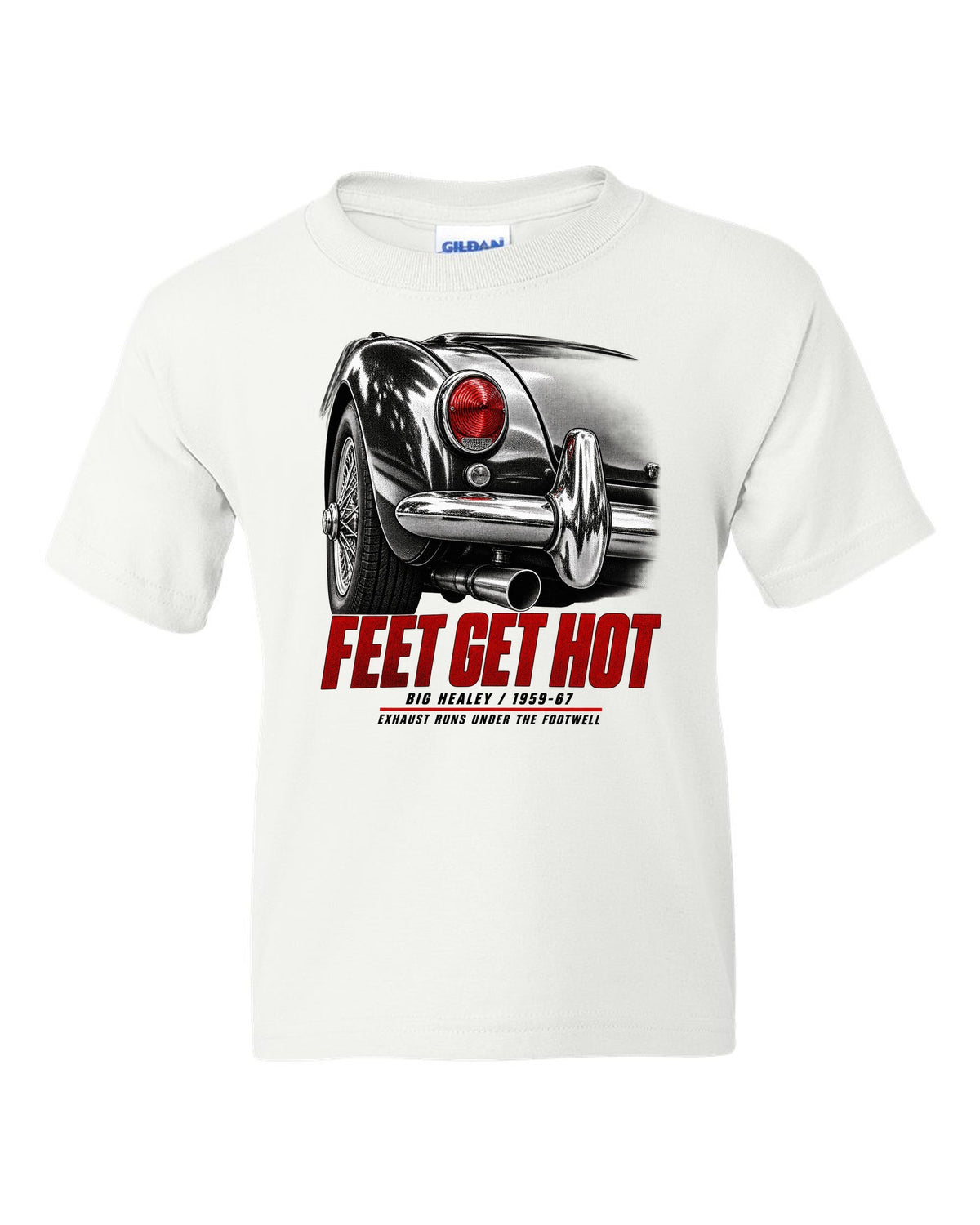 print of the rear taillight of a 1966 Austin-Healey 3000 Mk III BJ8 with hot feet lettering white kids tee front view with the design