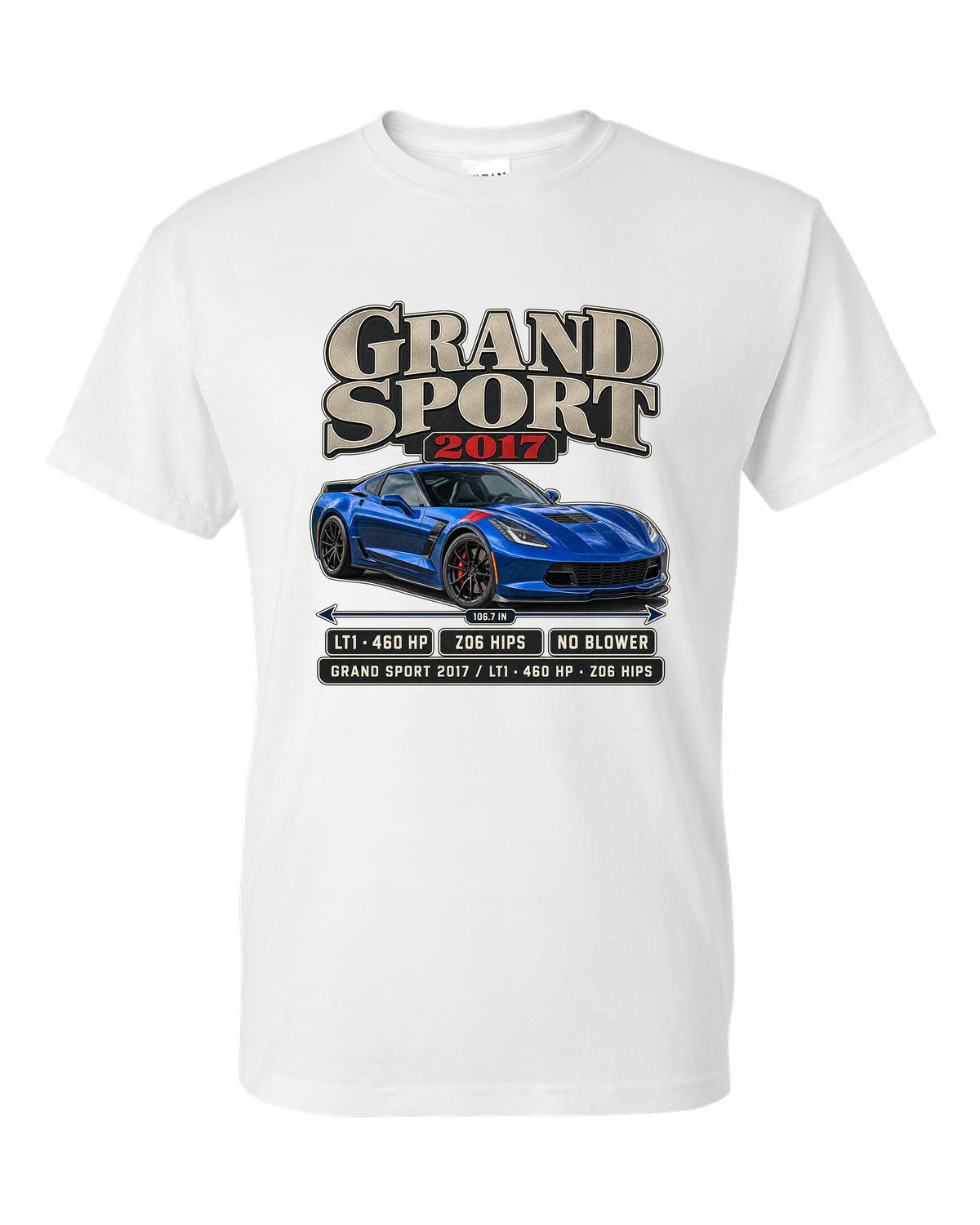 print of a Chevrolet Corvette C7 Grand Sport archive panel with LT1 and 460 HP text white t-shirt front view with the design