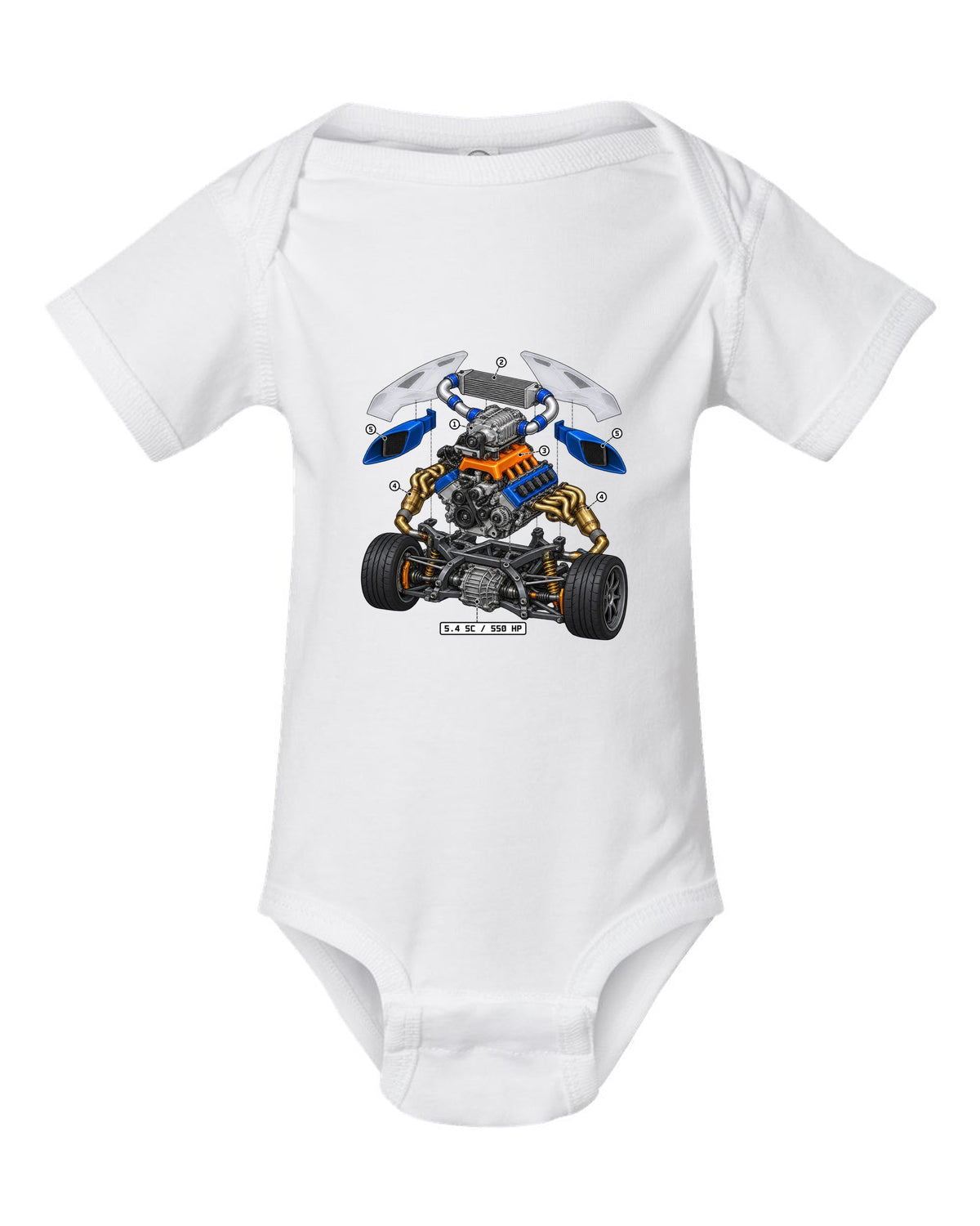Ford GT 2005-2006 supercharged V8 in an isometric exploded view print white baby onesie front view with the design
