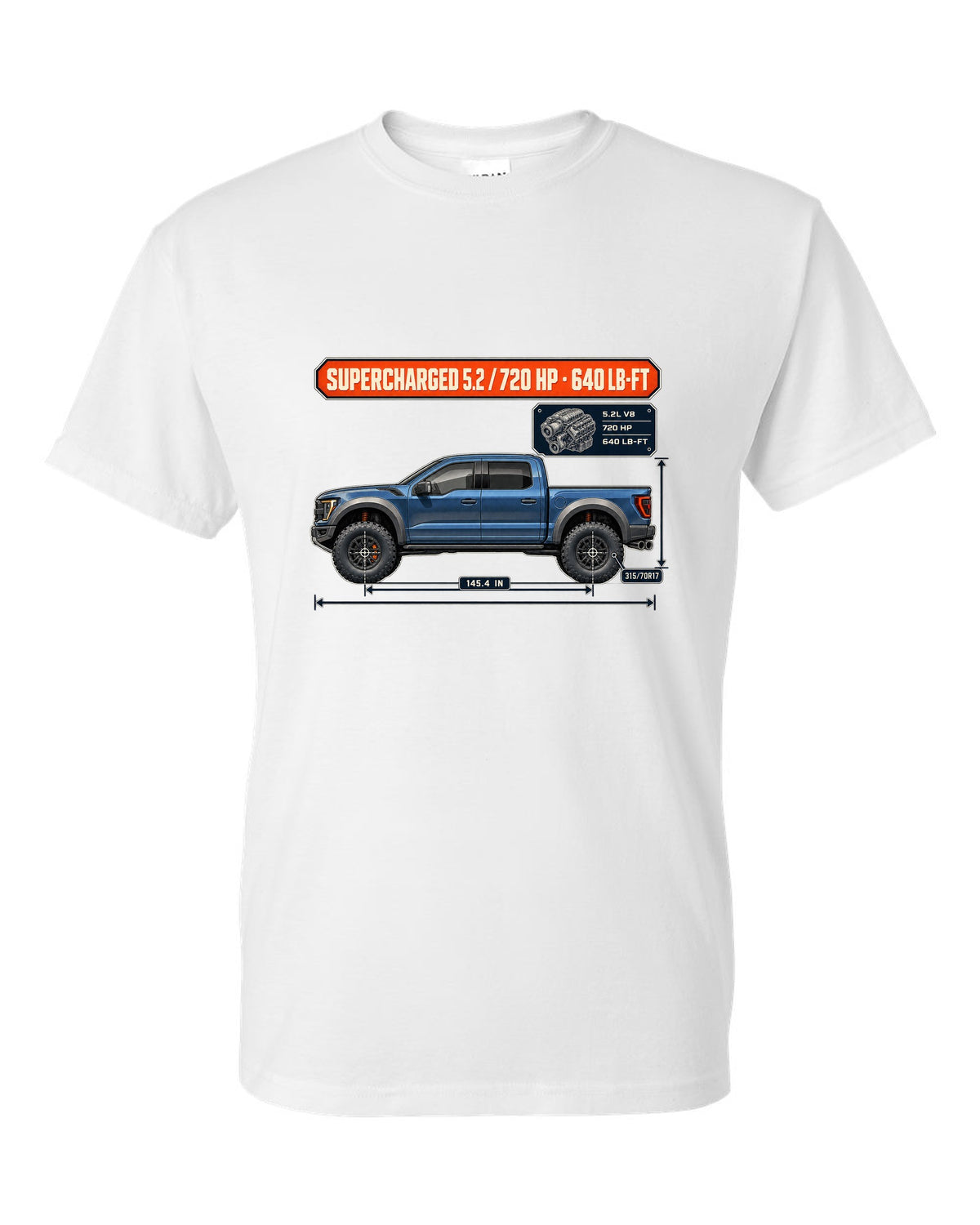 Ford F-150 Raptor R 2023 dimension blueprint print with 720 HP spec white t-shirt front view with the design