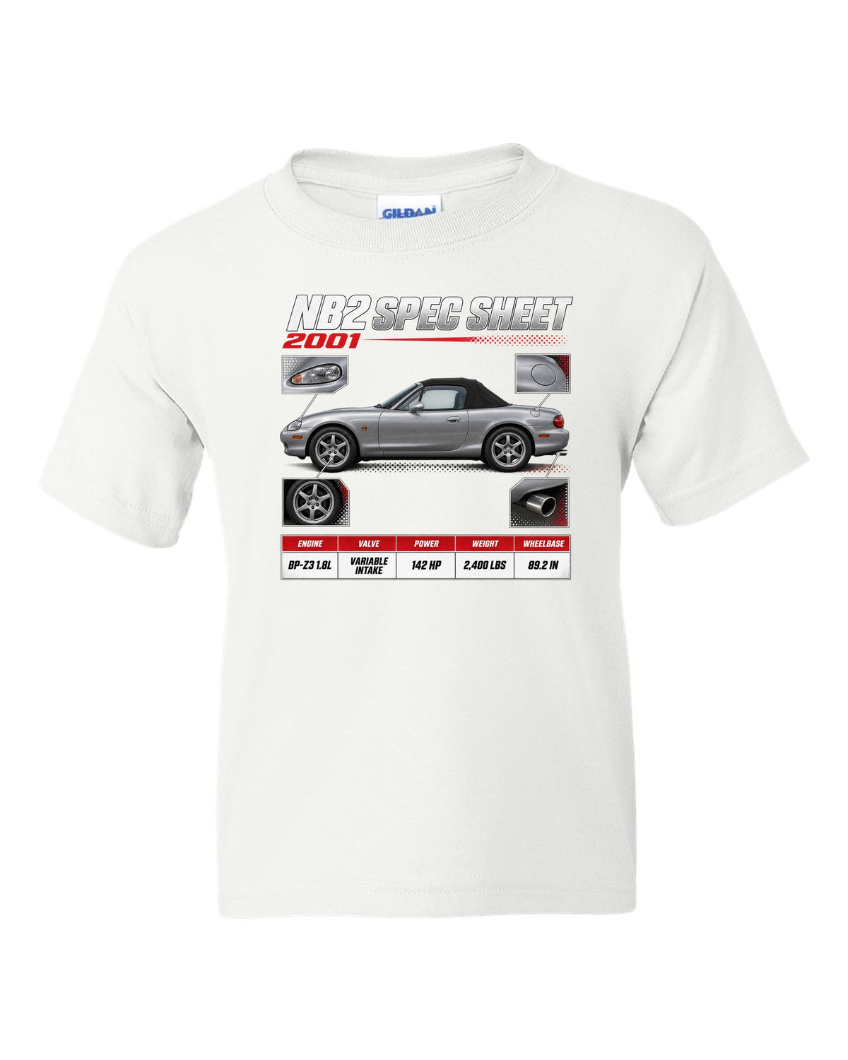 Spec poster print for the 2001 Mazda MX-5 NB2 reading NB2 spec sheet, 2001, variable intake white kids tee front view with the design