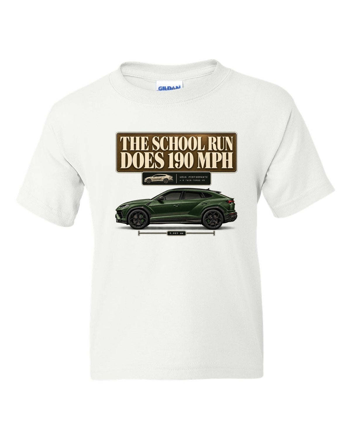 Lamborghini Urus Performante editorial headline print reading the school run does 190 mph white kids tee front view with the design