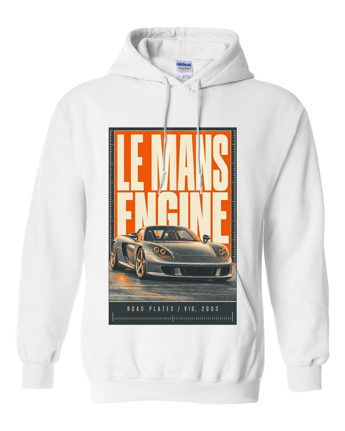 Porsche Carrera GT halftone statement print design white pull over hoodie front view with the design