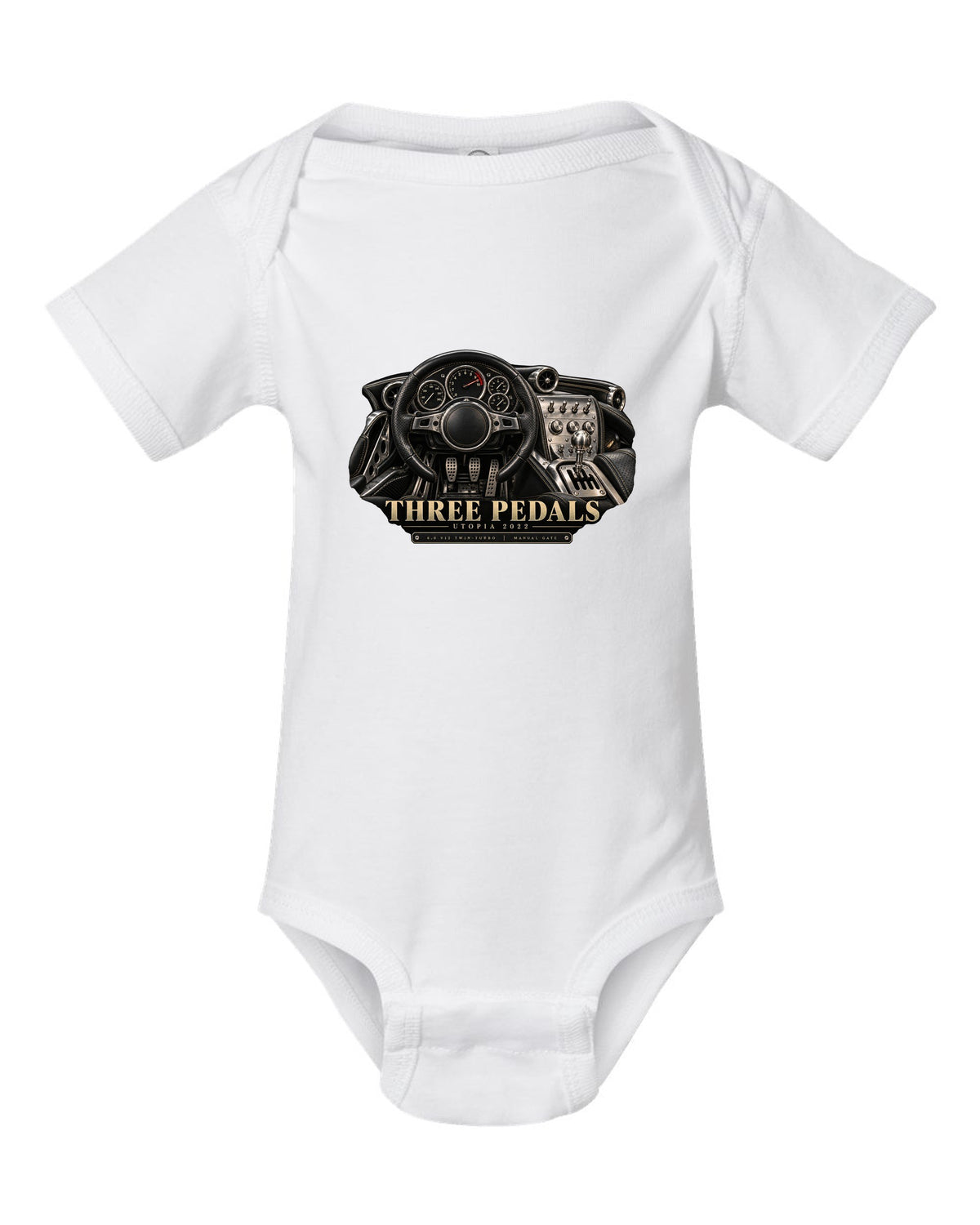 Pagani Utopia 2022 cockpit with manual gate and three pedals white baby onesie front view with the design