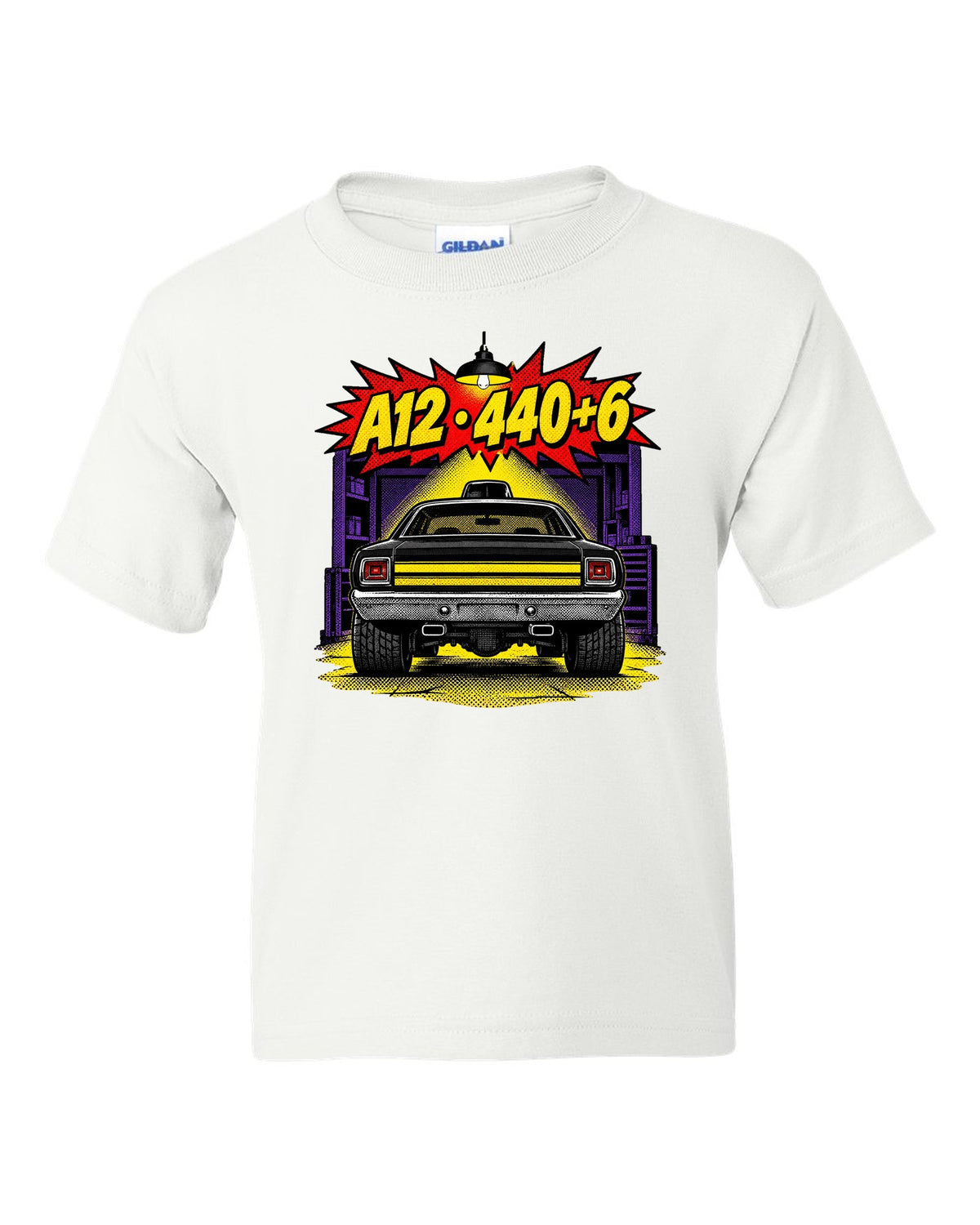 1969 Dodge Coronet Super Bee A12 comic halftone pop-art print with A12 440+6 text white kids tee front view with the design