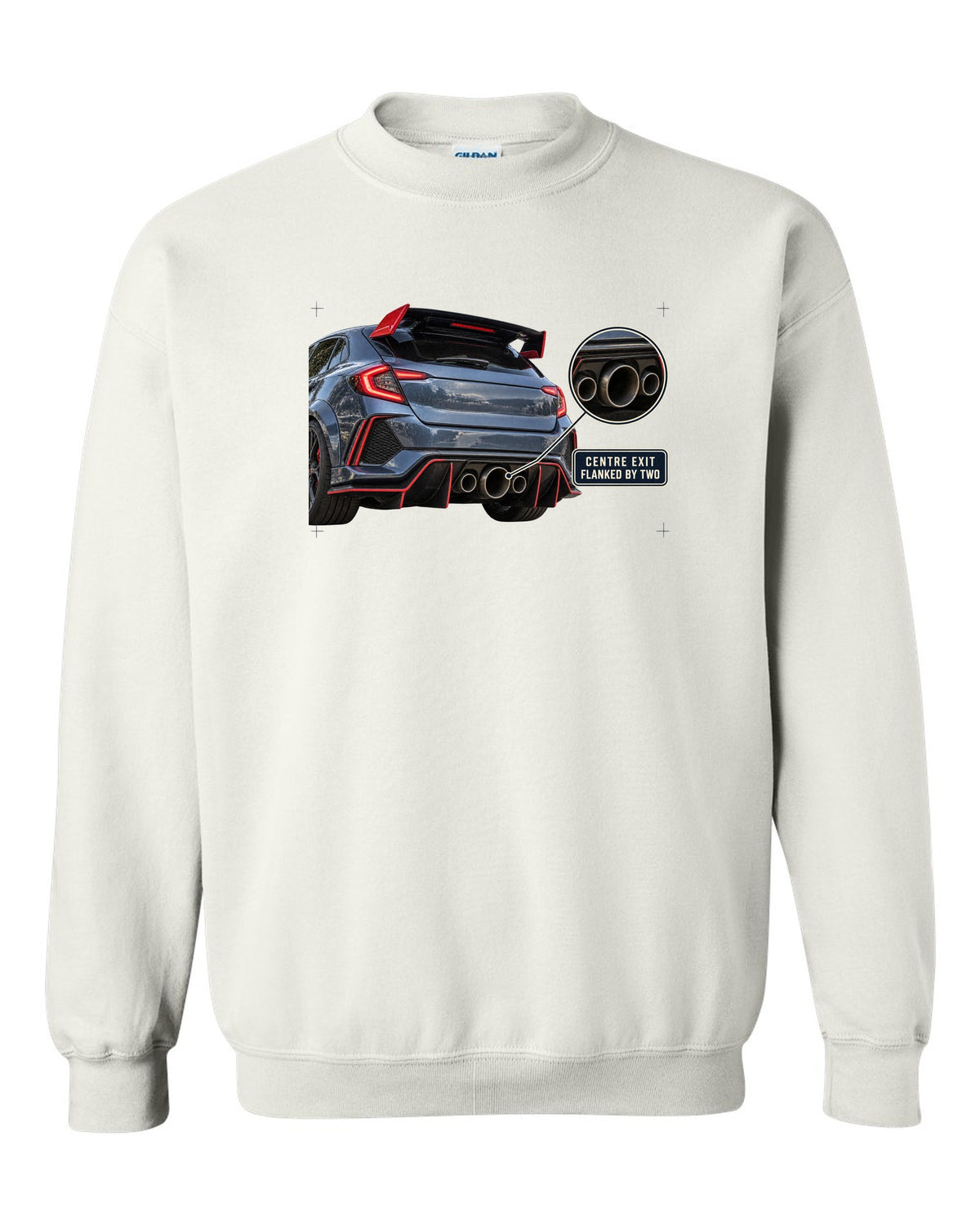 print rear close-up of a Honda Civic Type R FK8 with triple exhaust outlets white crewneck front view with the design
