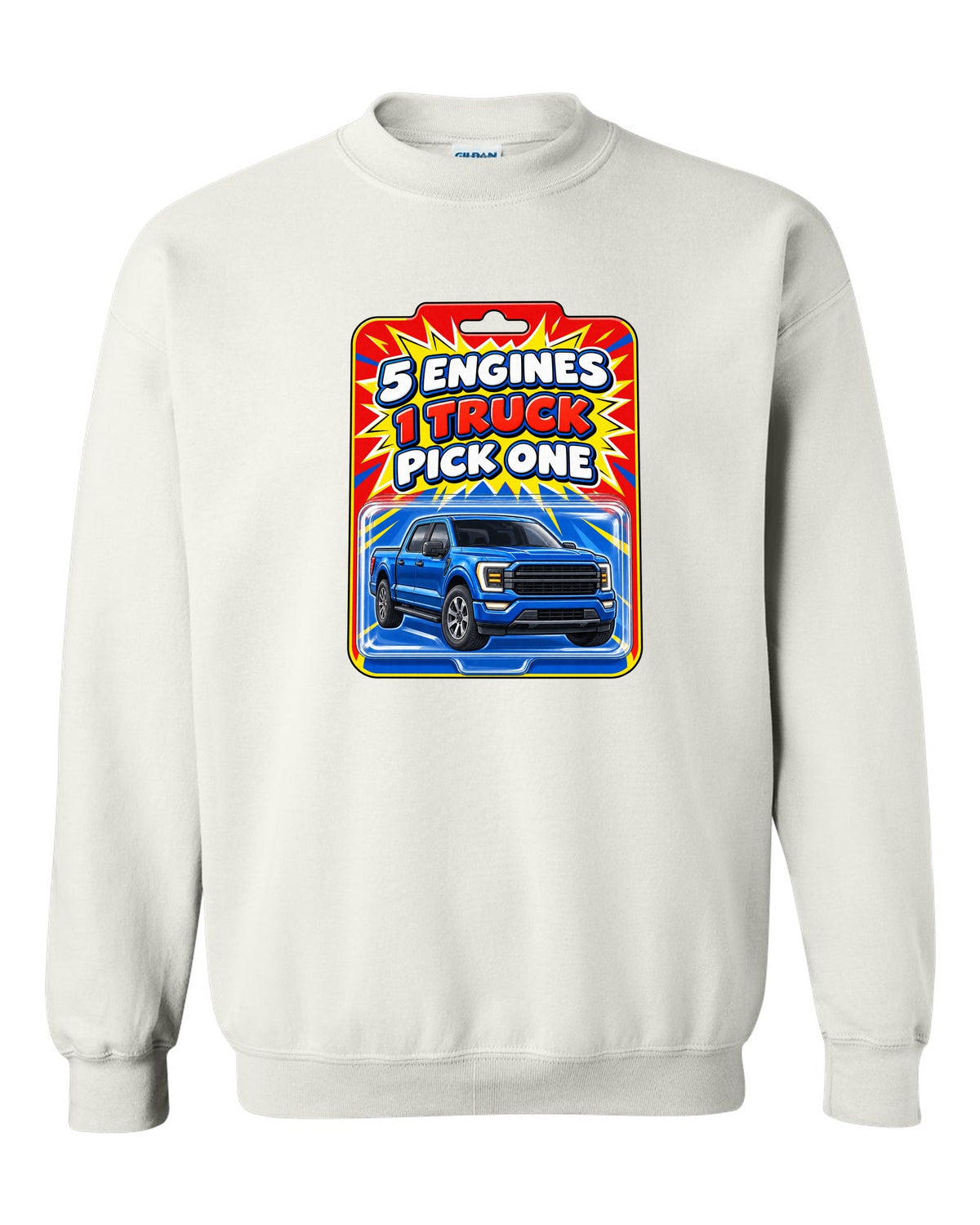 Toy card style print of a 2021 Ford F-150 P702 with five engines one truck text white crewneck front view with the design
