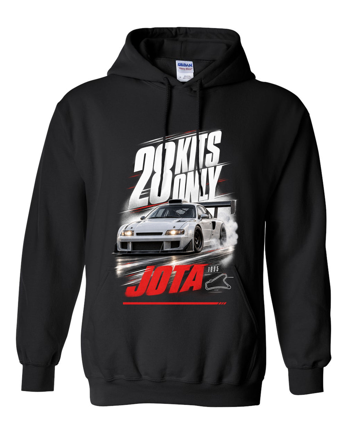 Race poster print of a Lamborghini Diablo SE30 Jota with 28 kits only text black pull over hoodie front view with the design
