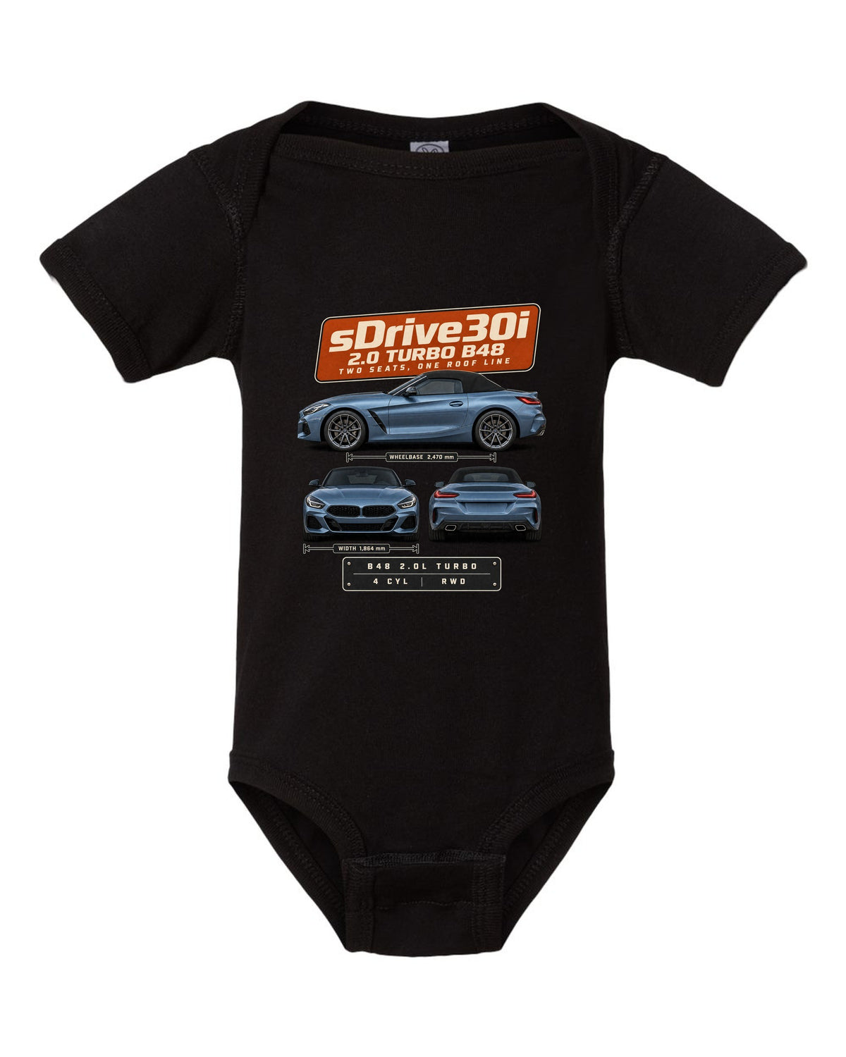 Three-view drawing and spec table print of the BMW Z4 sDrive30i G29 black baby onesie front view with the design
