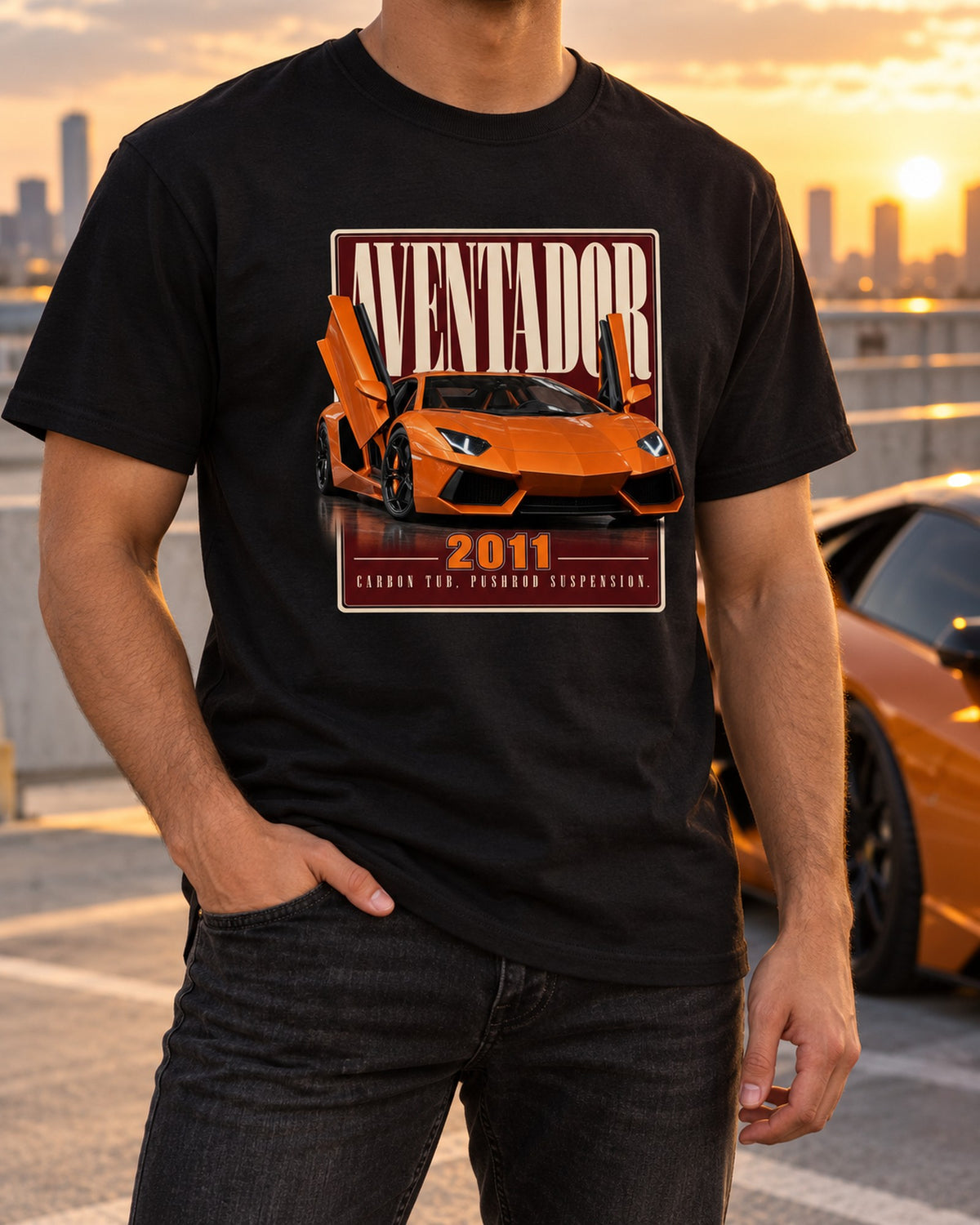 Lamborghini Aventador LP700-4 Editorial Tee, Carbon Tub T-Shirt Black worn hero