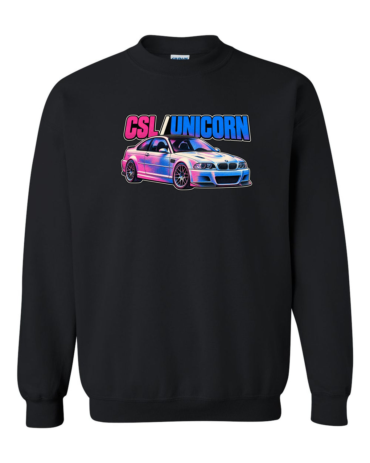 Risograph spot colour print of a BMW E46 M3 CSL with CSL Unicorn text black crewneck front view with the design
