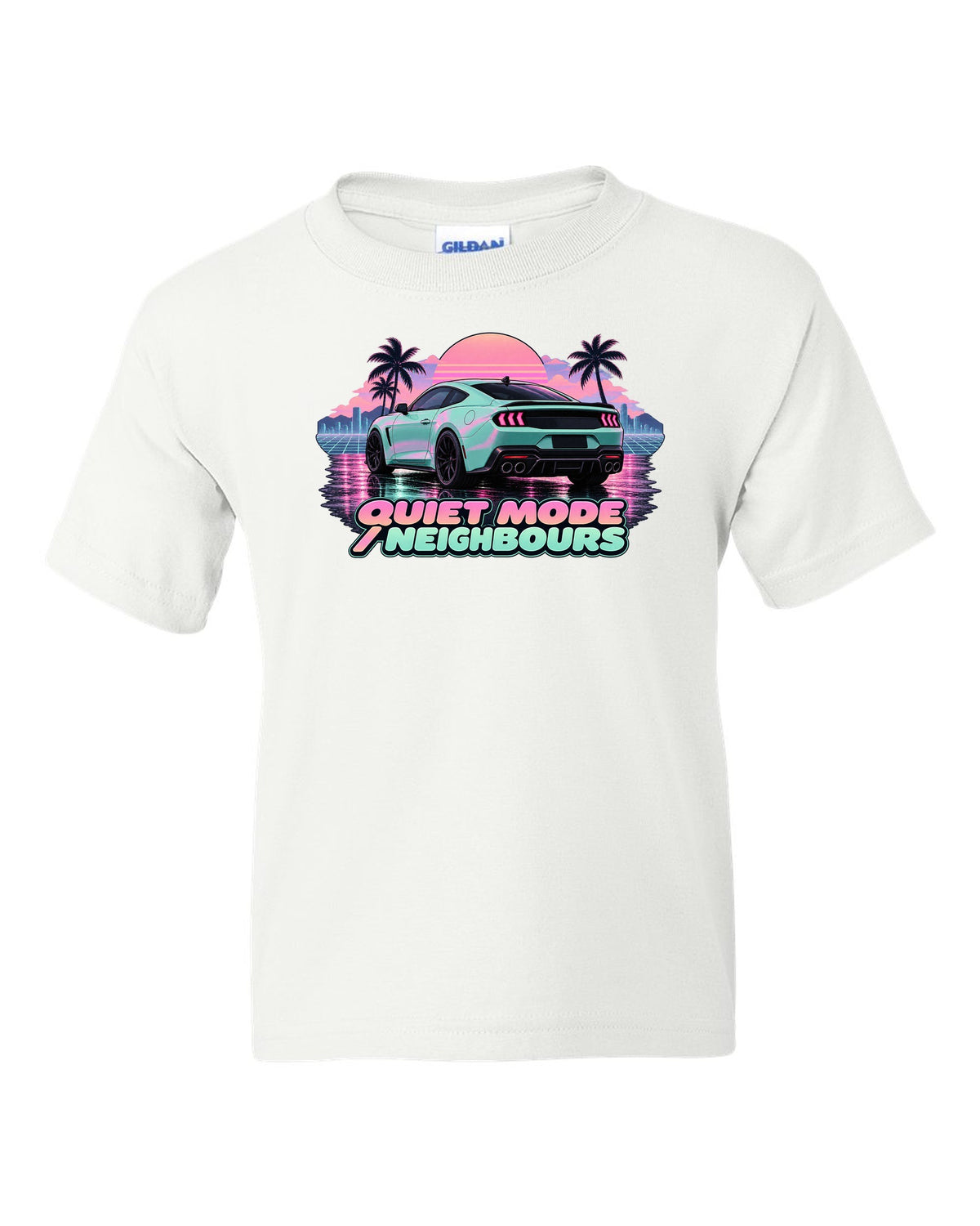 Vaporwave pastel print of a 2024 S650 Mustang coupe on wet asphalt with Quiet Mode text white kids tee front view with the design