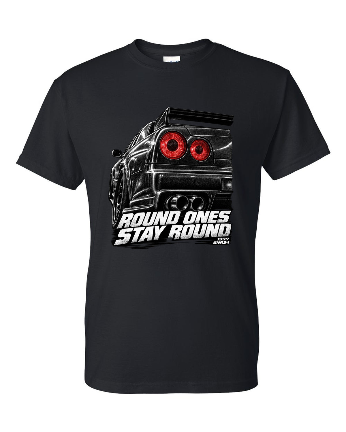 Macro print of the round taillights on a Nissan Skyline GT-R R34 BNR34 black t-shirt front view with the design