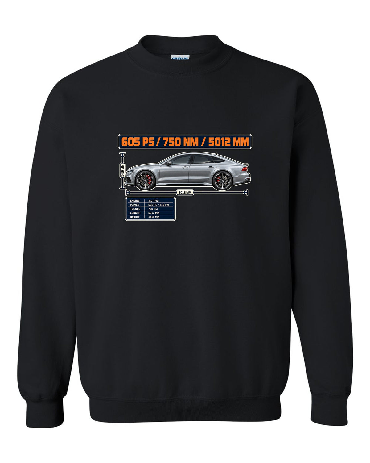 Audi RS7 Sportback performance C7 spec poster print black crewneck front view with the design