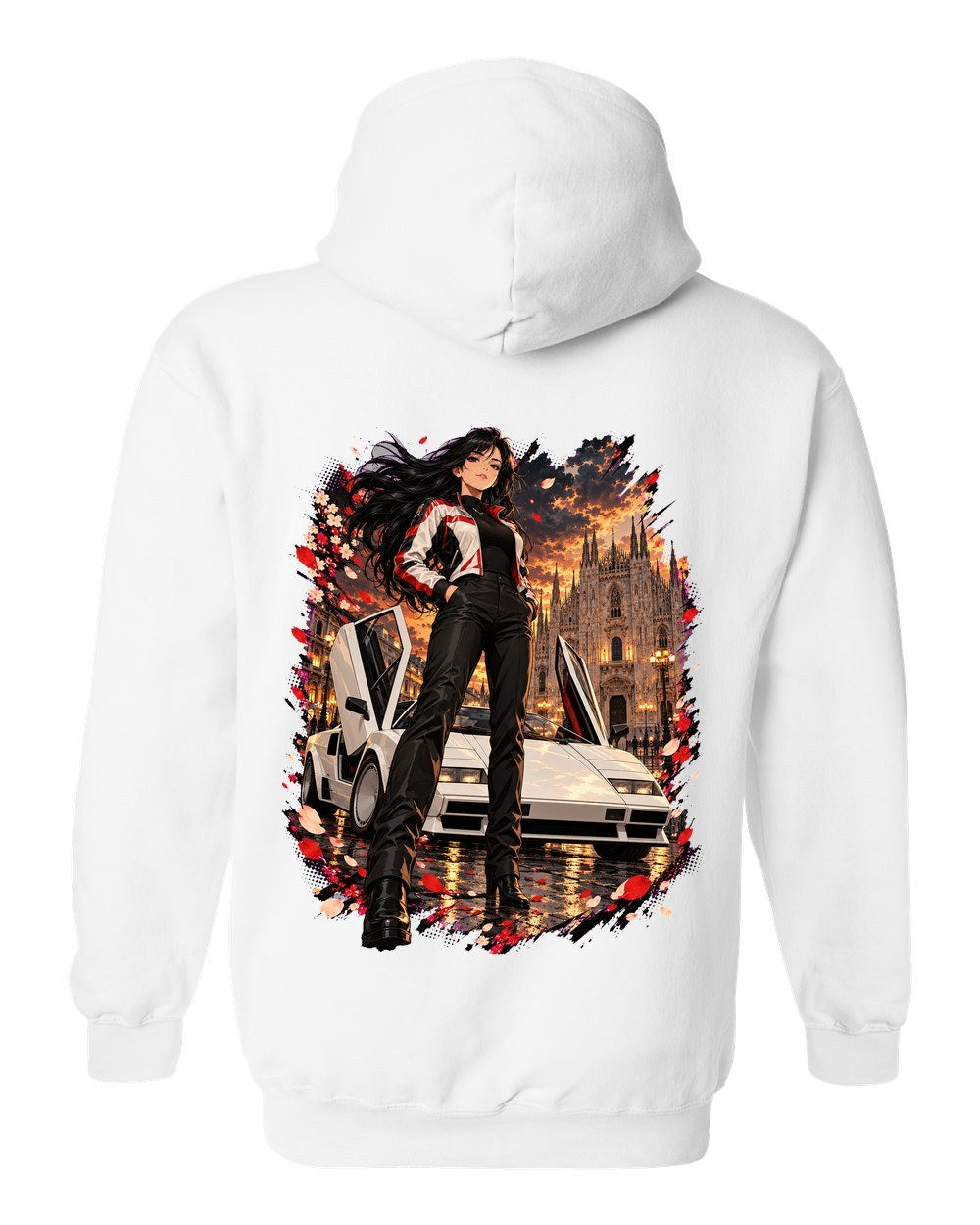 Lamborghini Countach Anime Girl Pull Over Hoodie White back