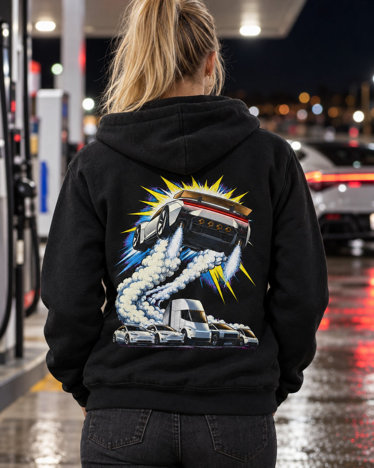 Tesla Roadster The Jump Shirt, Hoodie & More Zip Hoodie Black worn hero